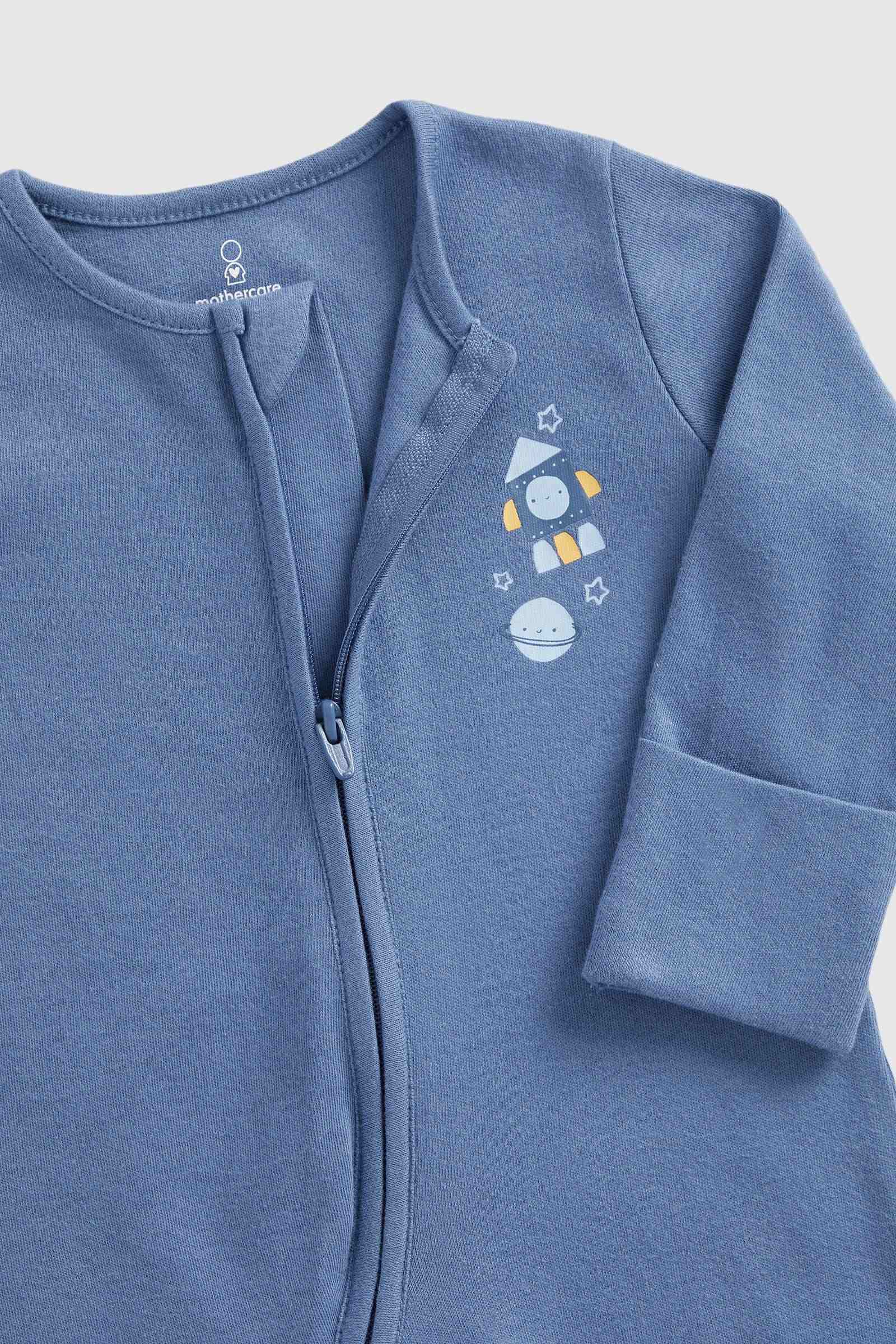 Mothercare Essentials Boys Space Zip - Up 100% Cotton Long Sleeves Sleepsuits - Pack of 2 - Blue