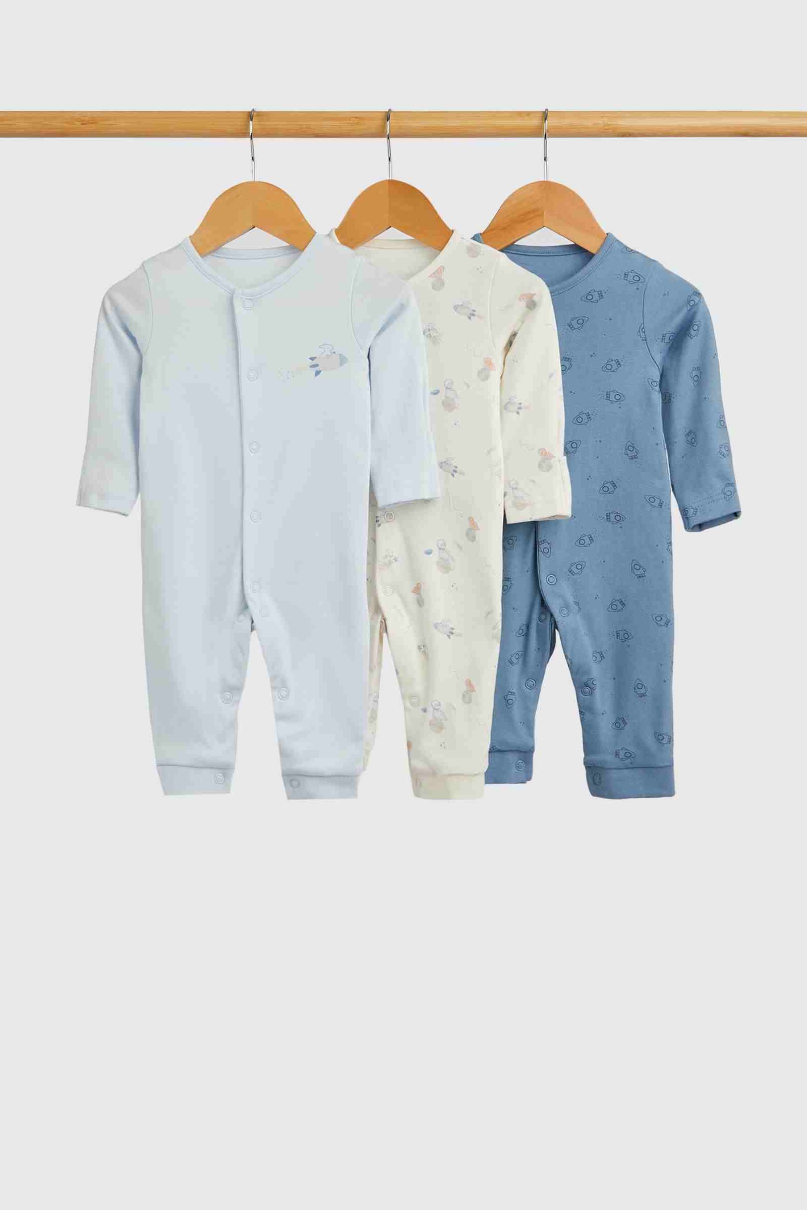 Mothercare Essentials Boys My First Dinosaur 100% Cotton Long Sleeves Footless Sleepsuits - Pack of 3 - Blue