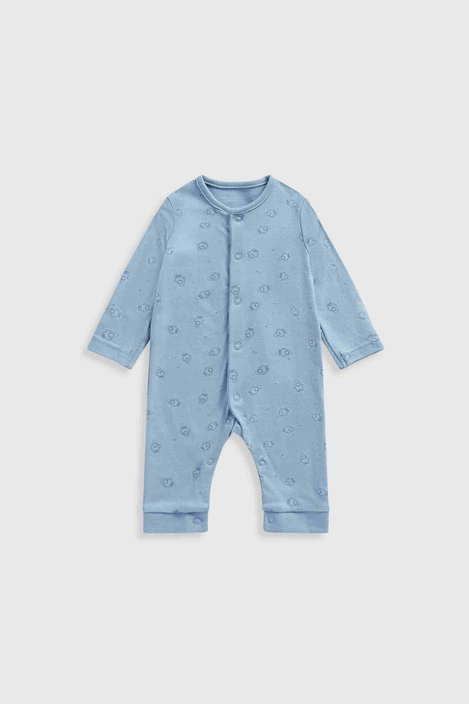 Mothercare Essentials Boys My First Dinosaur 100% Cotton Long Sleeves Footless Sleepsuits - Pack of 3 - Blue