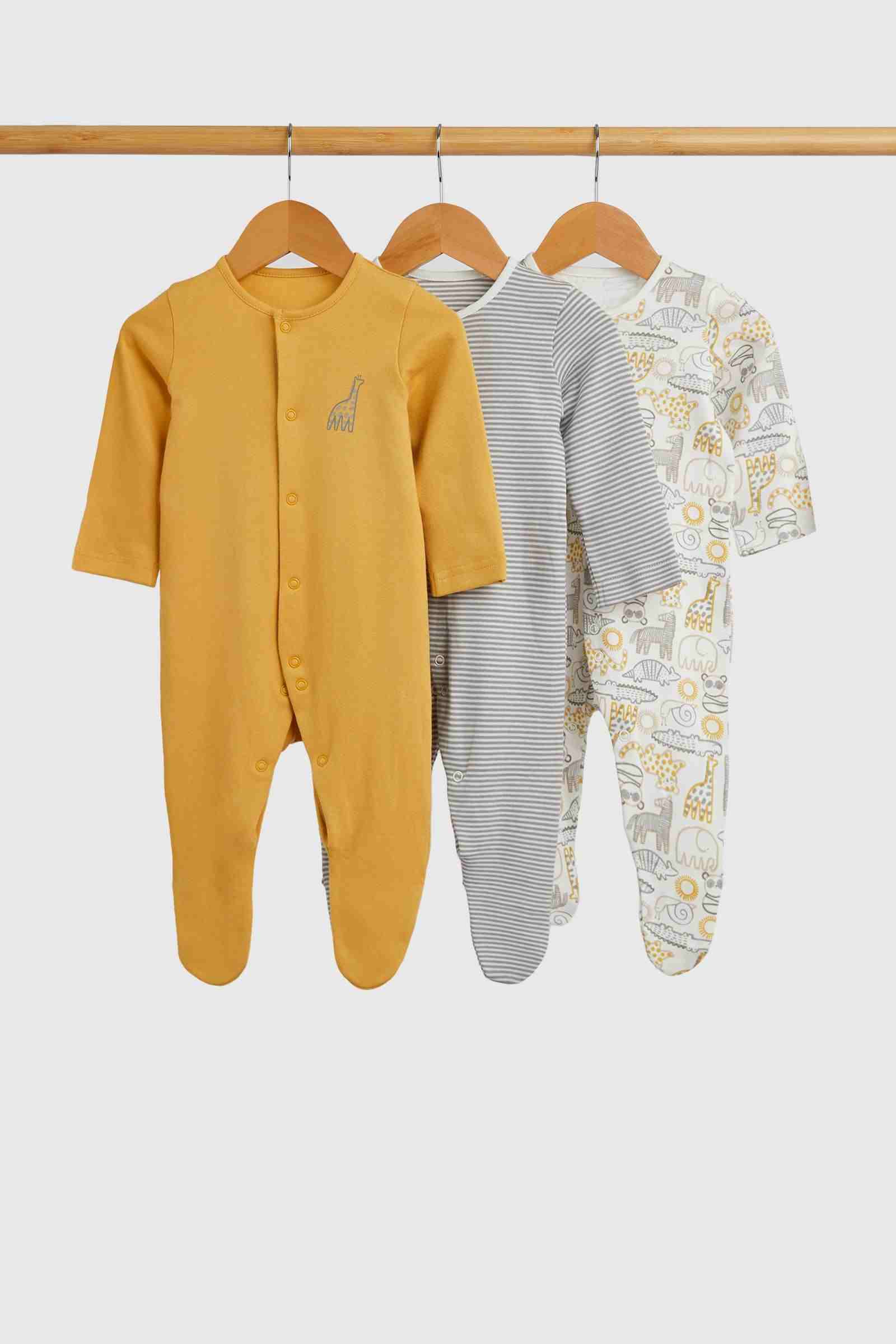 Mothercare Essentials Boys Safari 100% Cotton Long Sleeves Sleepsuits - Pack of 3 - Gold