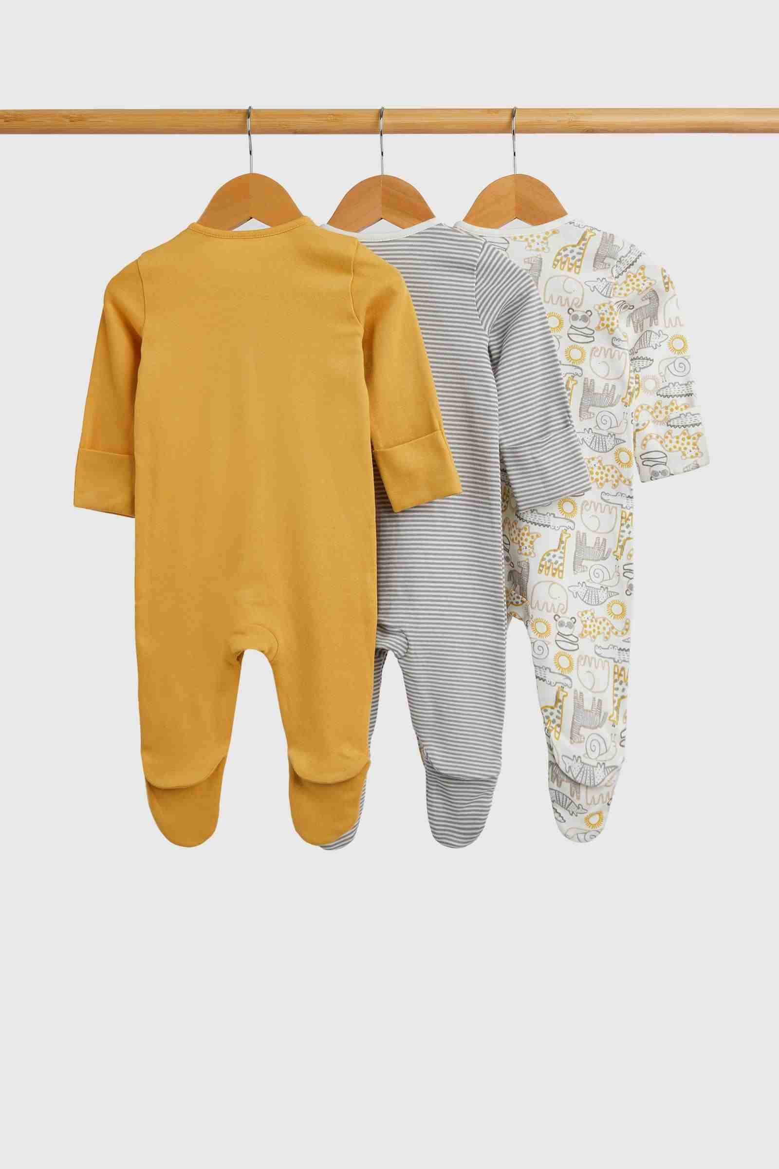 Mothercare Essentials Boys Safari 100% Cotton Long Sleeves Sleepsuits - Pack of 3 - Gold