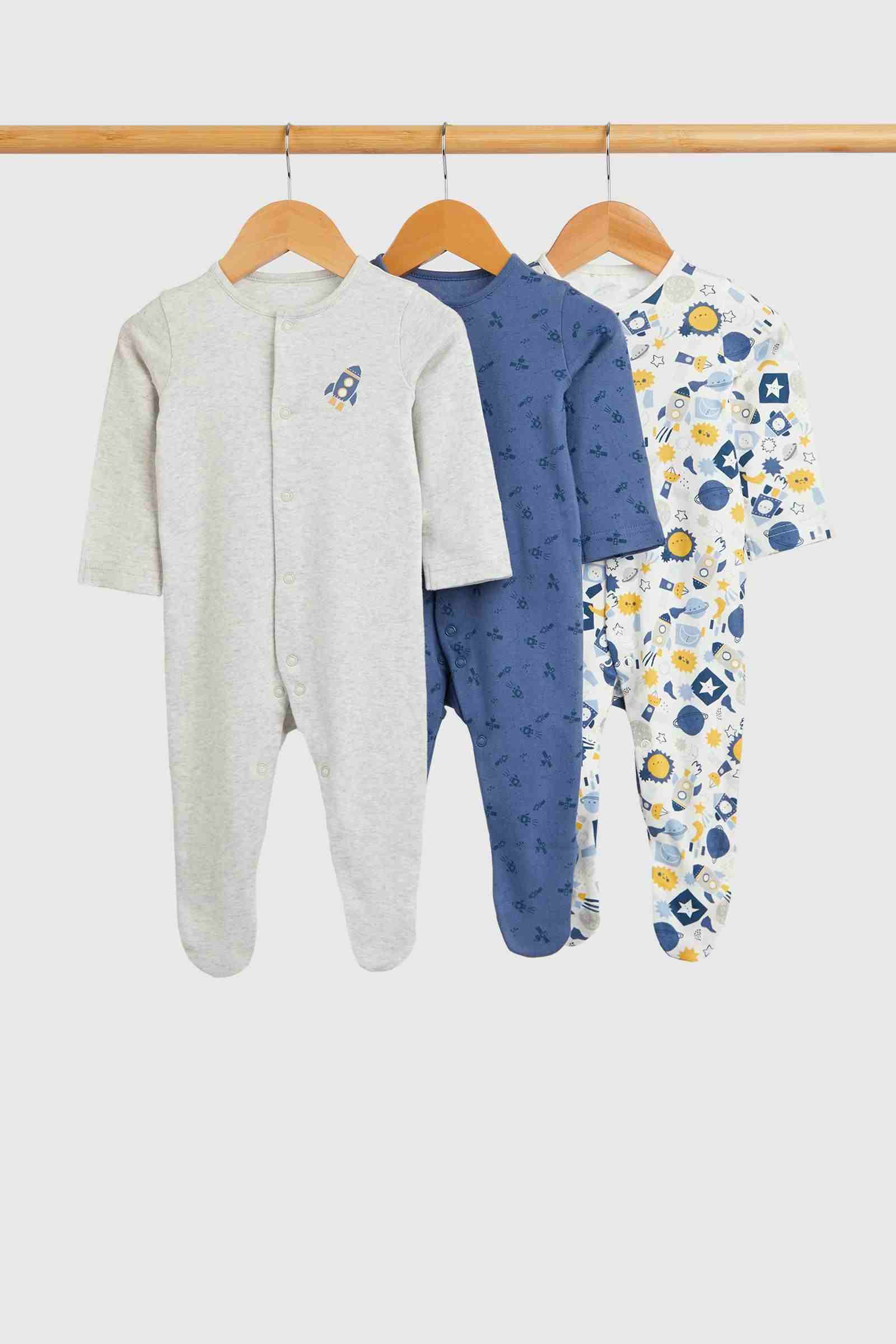 Mothercare Essentials Boys Space 100% Cotton Long Sleeves Sleepsuits - Pack of 3 - Grey