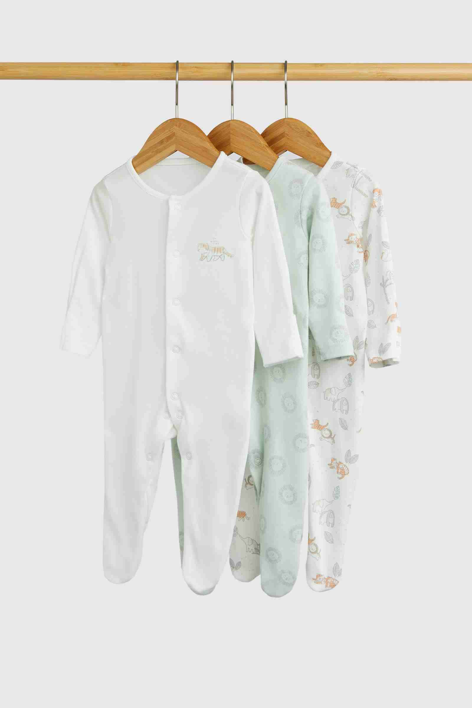 Mothercare Essentials Boys Jungle 100% Cotton Long Sleeves Sleepsuits - Pack of 3 - White