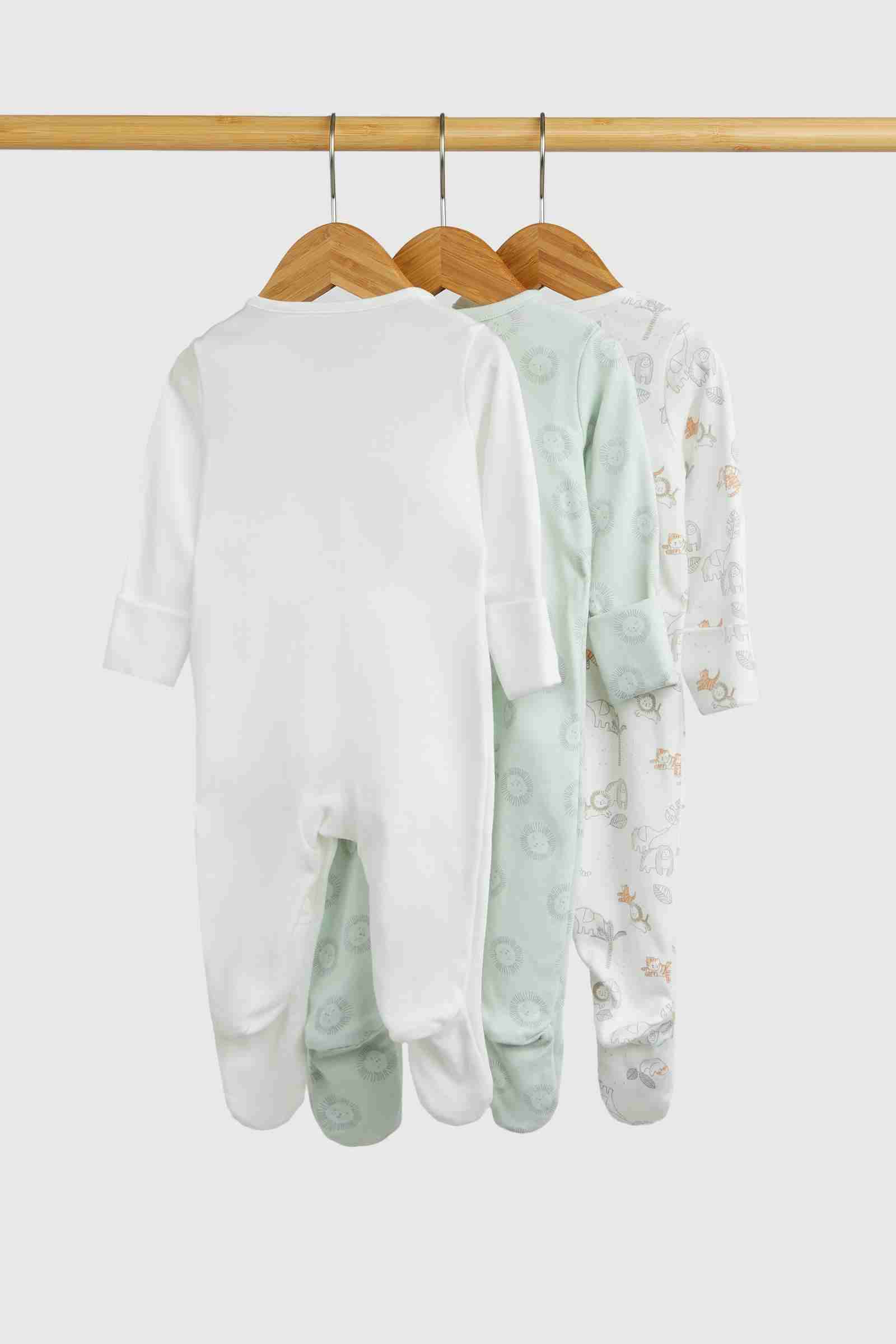 Mothercare Essentials Boys Jungle 100% Cotton Long Sleeves Sleepsuits - Pack of 3 - White