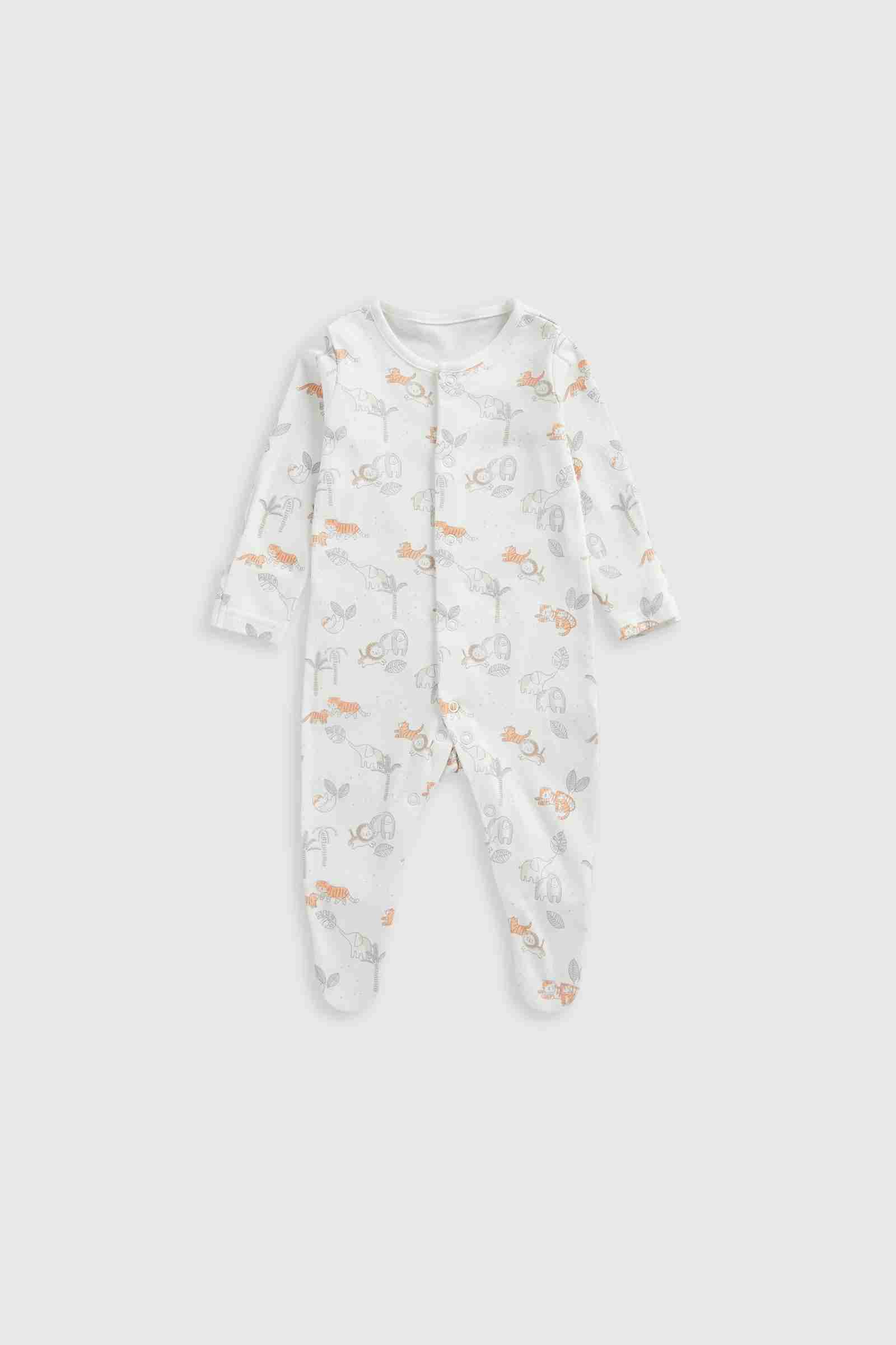 Mothercare Essentials Boys Jungle 100% Cotton Long Sleeves Sleepsuits - Pack of 3 - White