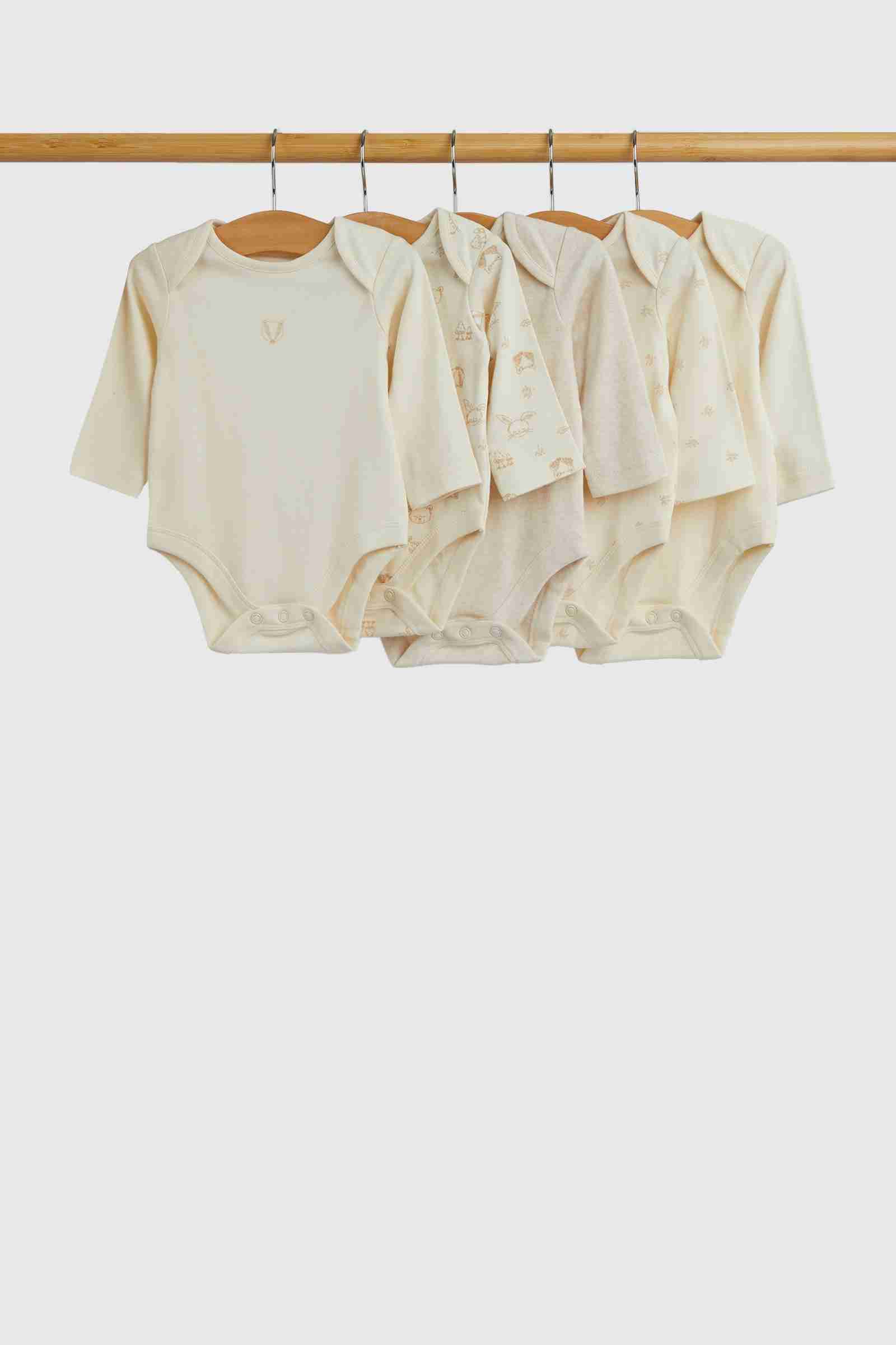 Mothercare Essentials Unisex Woodland 100% Cotton Long - Sleeves Bodysuits - Pack of 5 - Cream