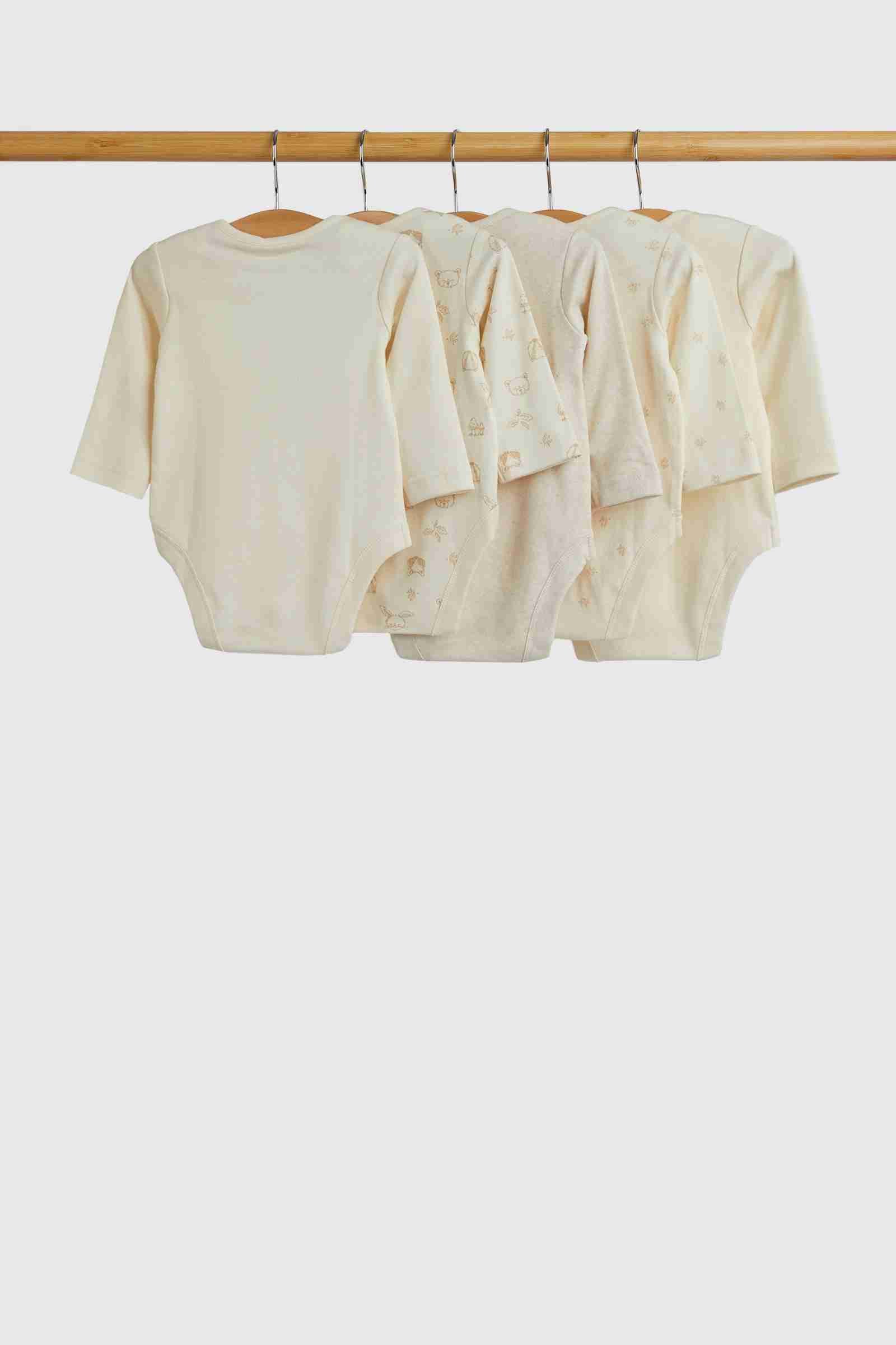 Mothercare Essentials Unisex Woodland 100% Cotton Long - Sleeves Bodysuits - Pack of 5 - Cream