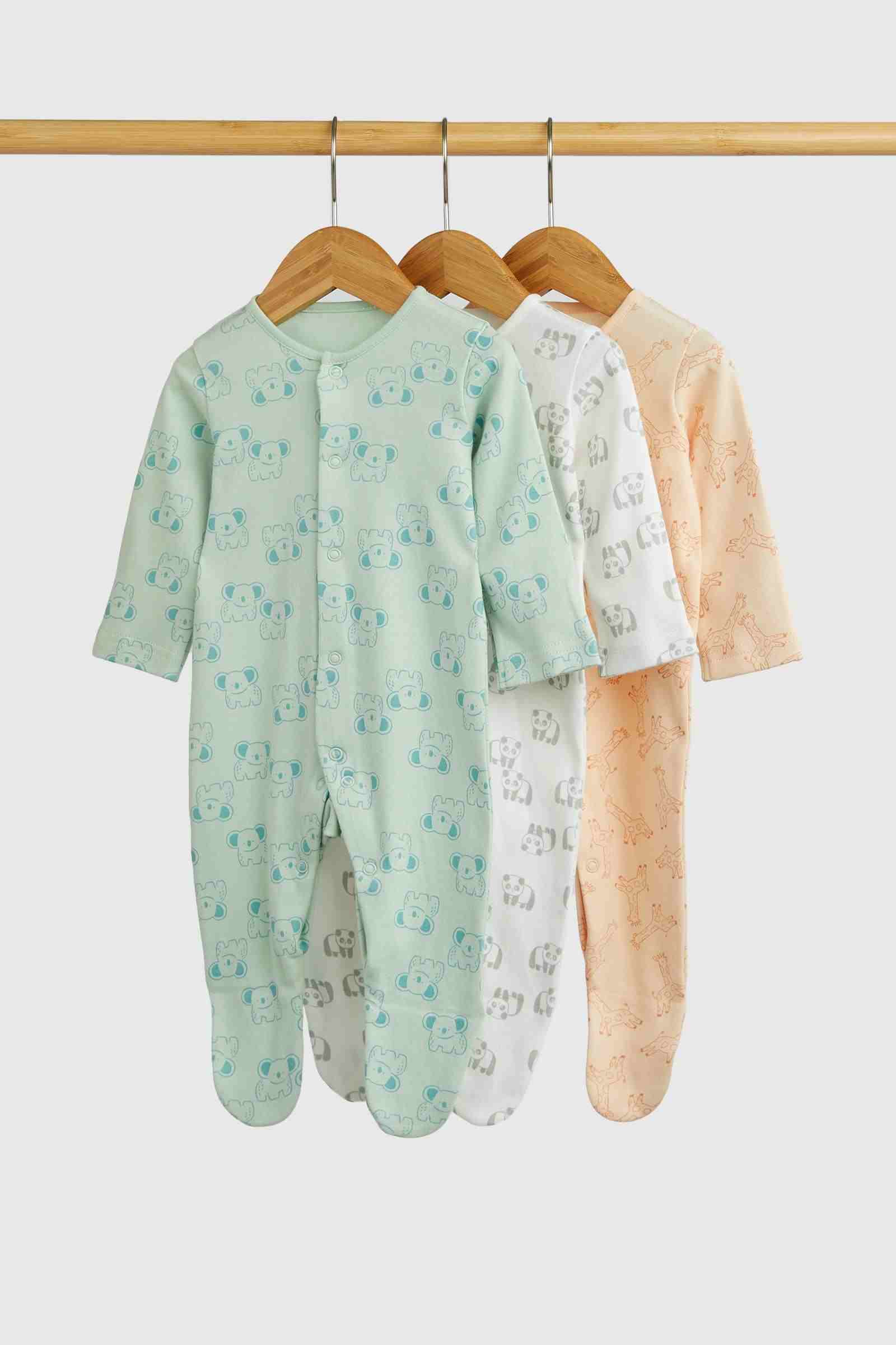 Mothercare Essentials Unisex Safari 100% Cotton Long Sleeves Baby Sleepsuits - Pack of 3 - Green