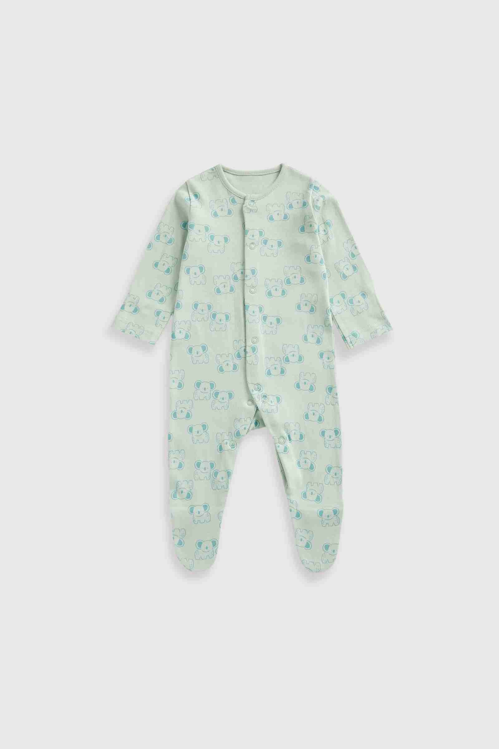 Mothercare Essentials Unisex Safari 100% Cotton Long Sleeves Baby Sleepsuits - Pack of 3 - Green