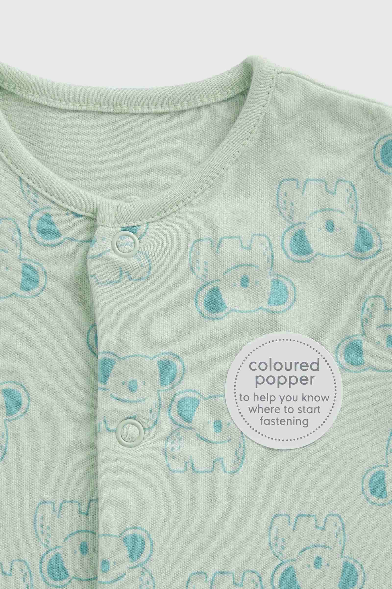 Mothercare Essentials Unisex Safari 100% Cotton Long Sleeves Baby Sleepsuits - Pack of 3 - Green
