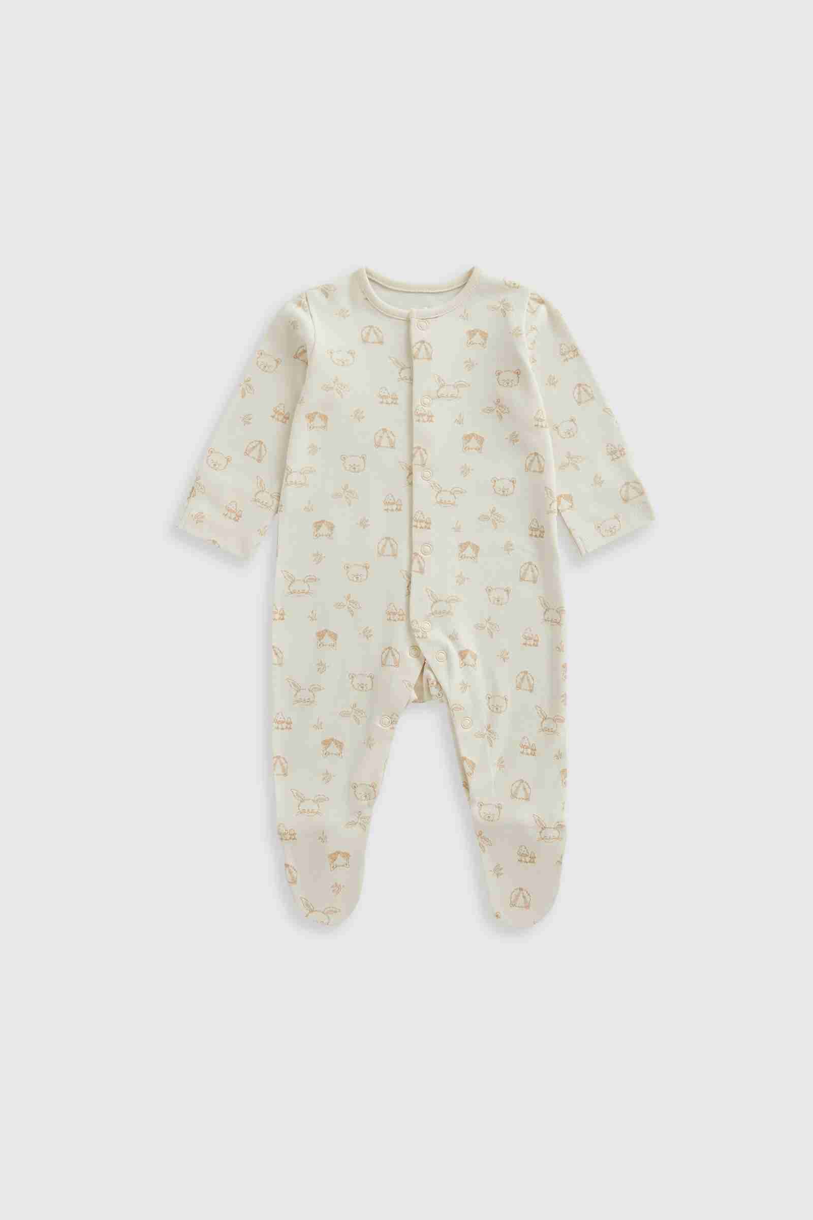 Mothercare Essentials Unisex Woodland 100% Cotton Long Sleeves Baby Sleepsuits - Pack of 3 - Cream