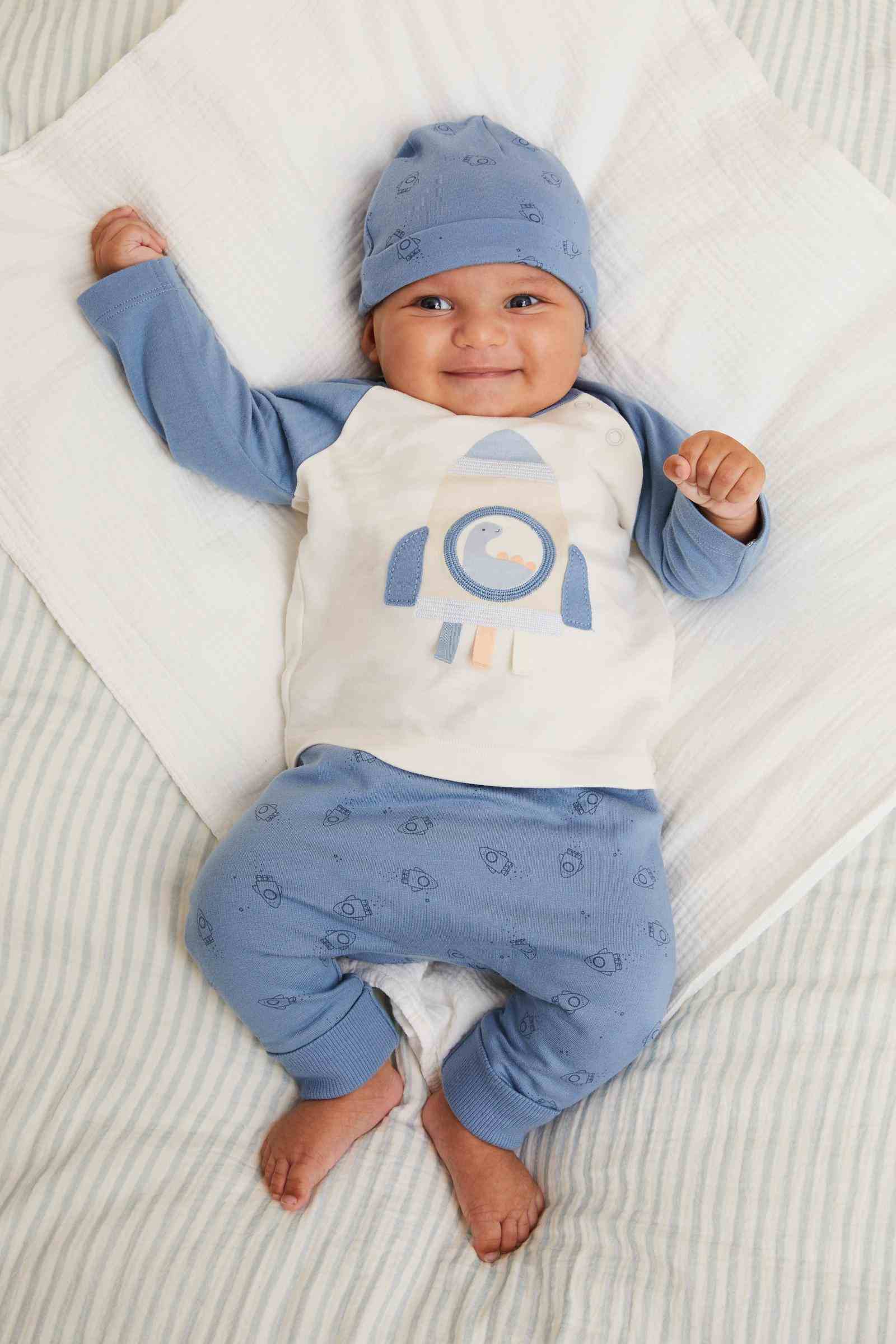 Mothercare Boys My First 3 - Piece 100% Cotton Long Sleeves T-Shirt, Joggers and Hat Set - Blue