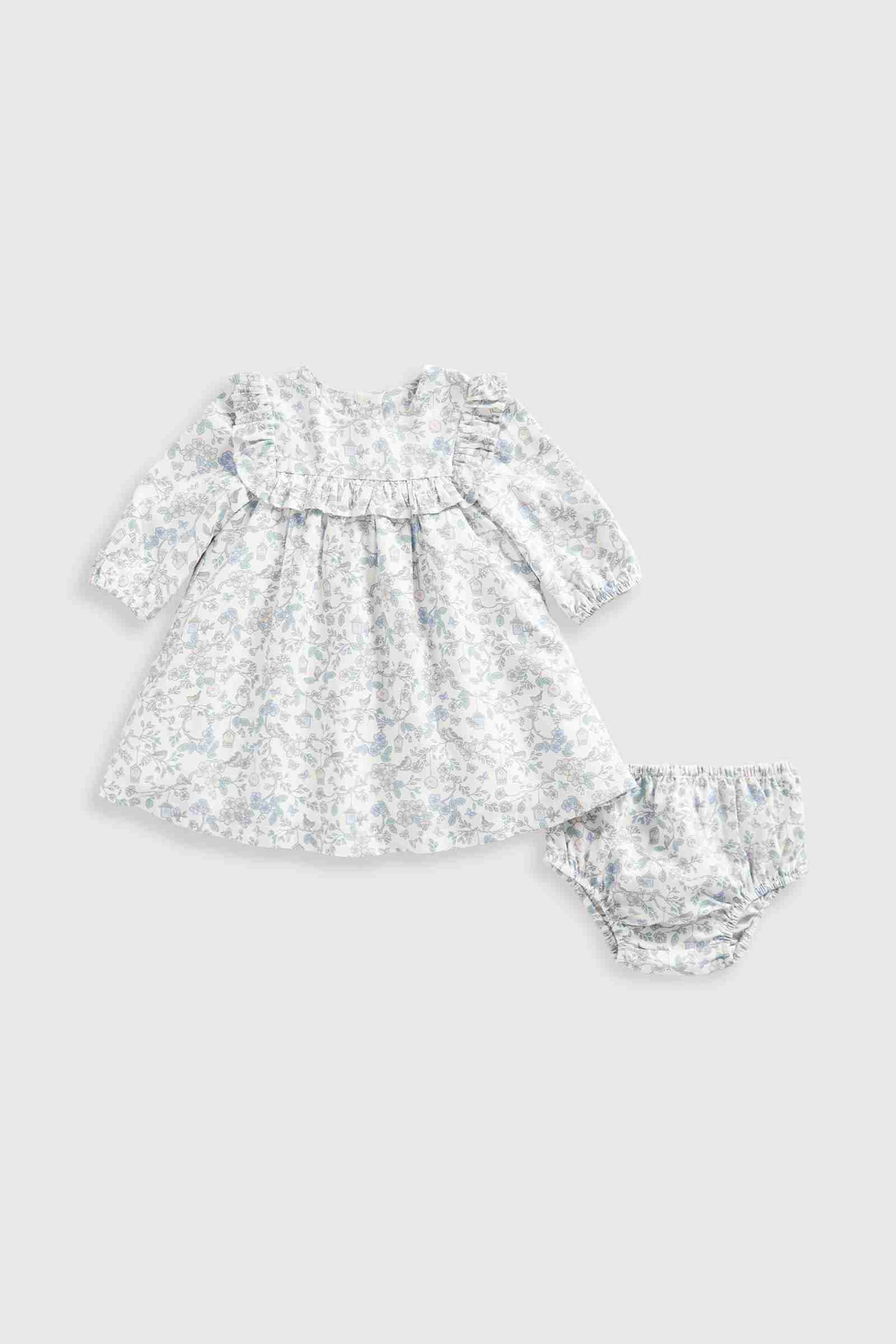 Mothercare Girls Pretty Bird Woven Dress with Frill Detail and Knickers 2 - Piece Set - White