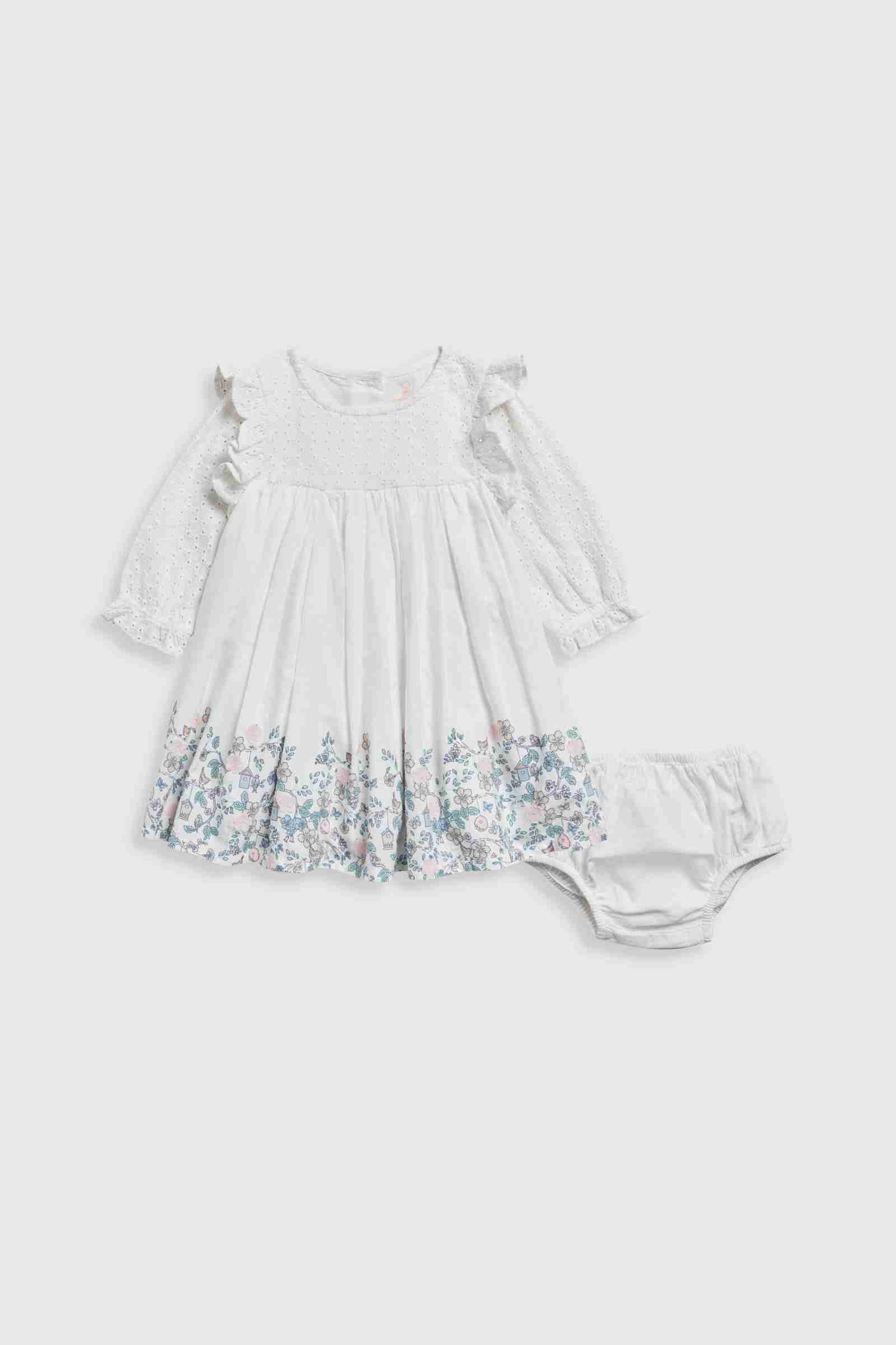 Mothercare Girls Pretty Bird 100% Cotton Occasion Dress and Knickers 2 - Piece Set - White