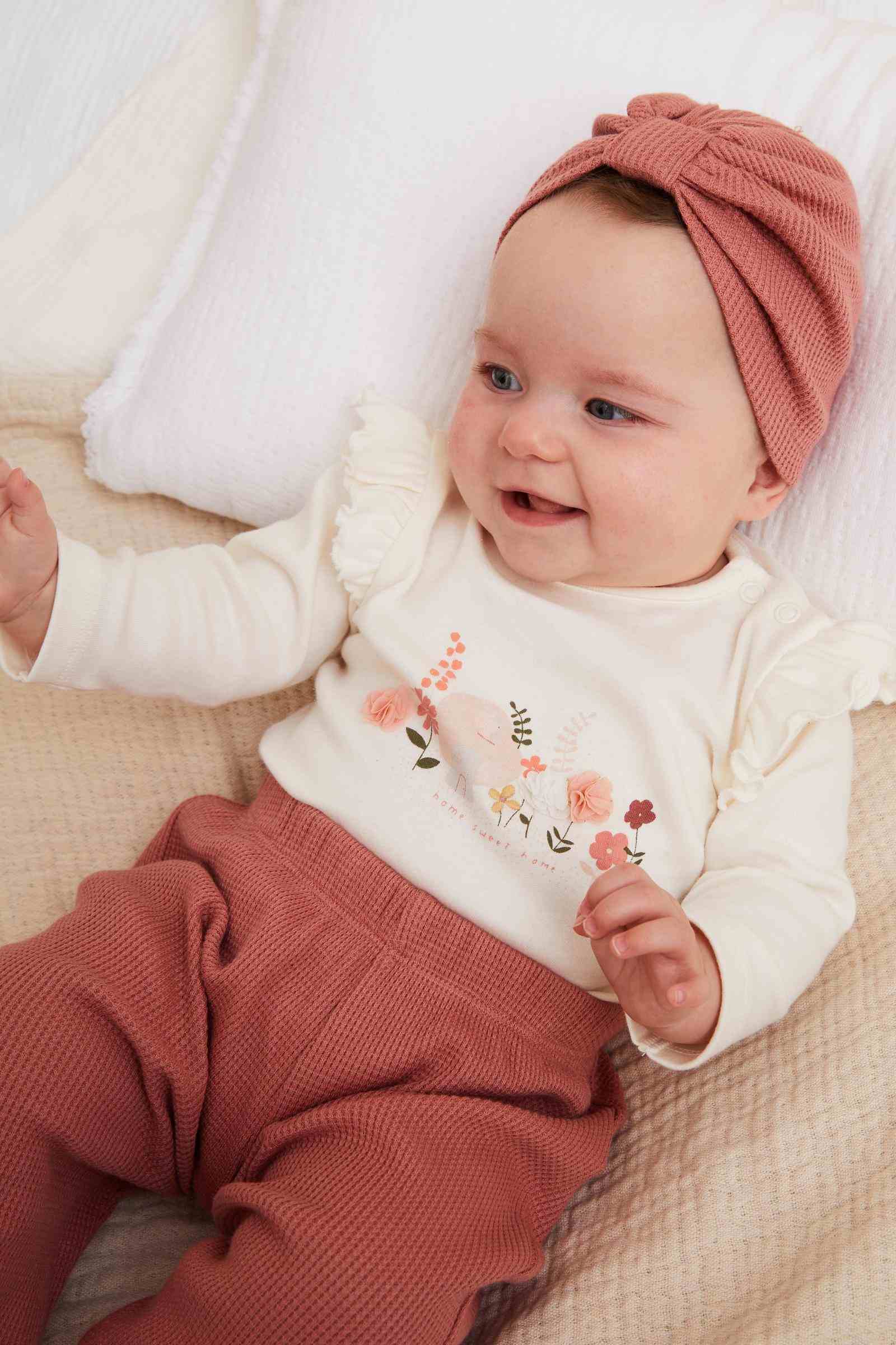 Mothercare Girls Autumn Charm 100% Cotton Long - Sleeves Waffle 3 - Piece Outfit Set - Cream
