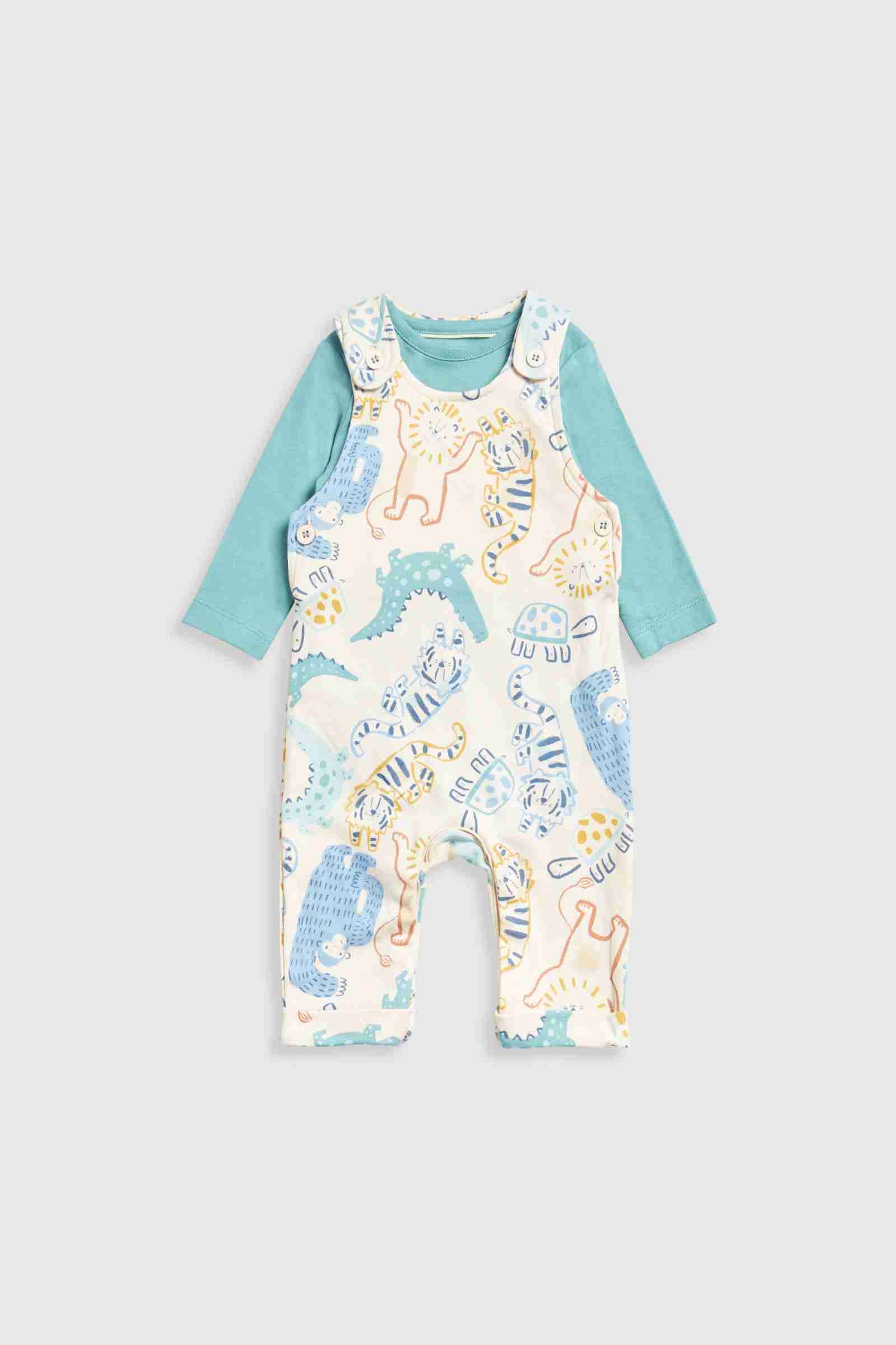 Mothercare Boys Autumn Jungle 100% Cotton Dungarees and Bodysuit Set 2 - Piece Set - Cream