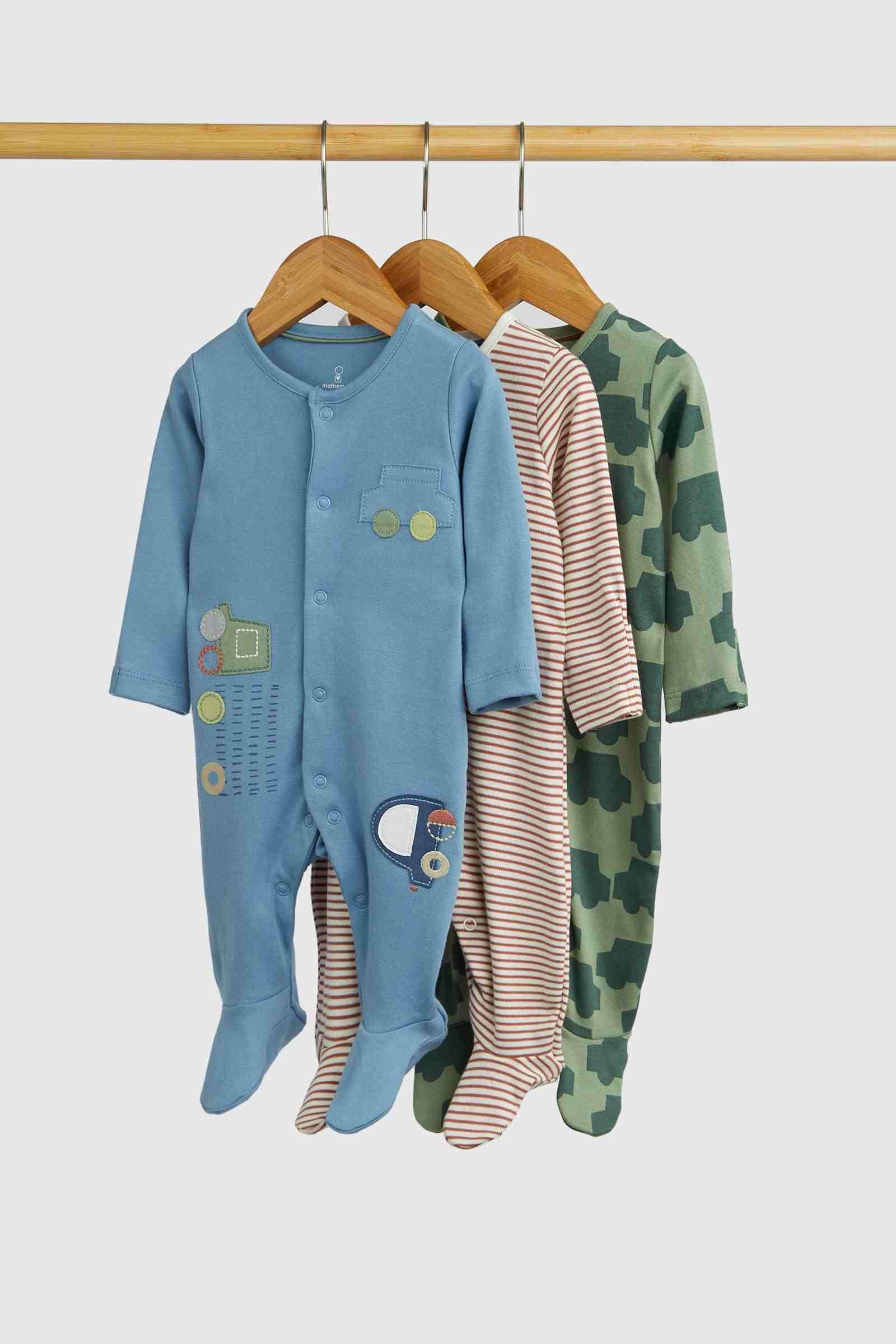 Mothercare Boys Transport 100% Cotton Long - Sleeves All - in - Ones - Pack of 3 - Blue
