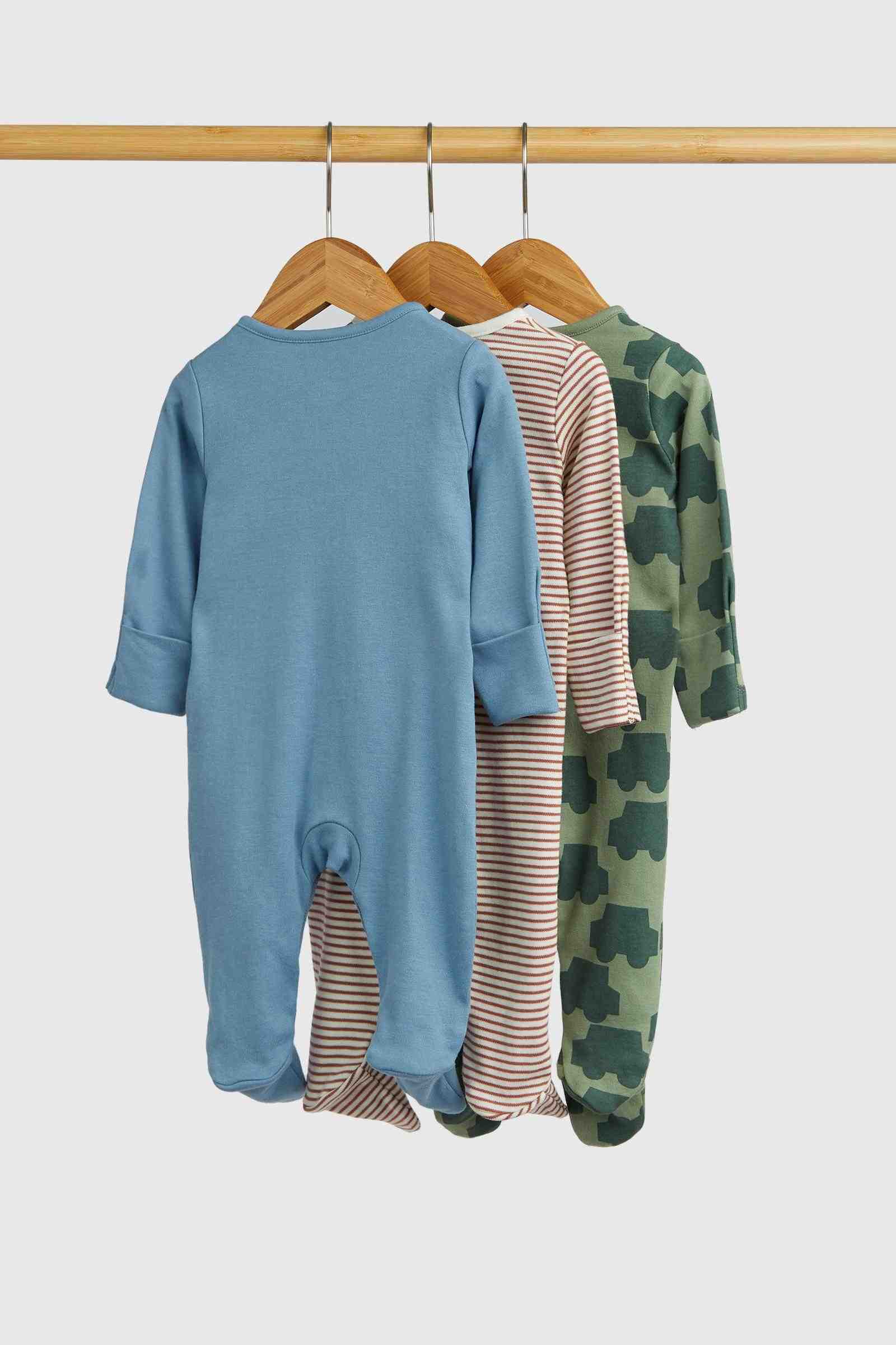 Mothercare Boys Transport 100% Cotton Long - Sleeves All - in - Ones - Pack of 3 - Blue