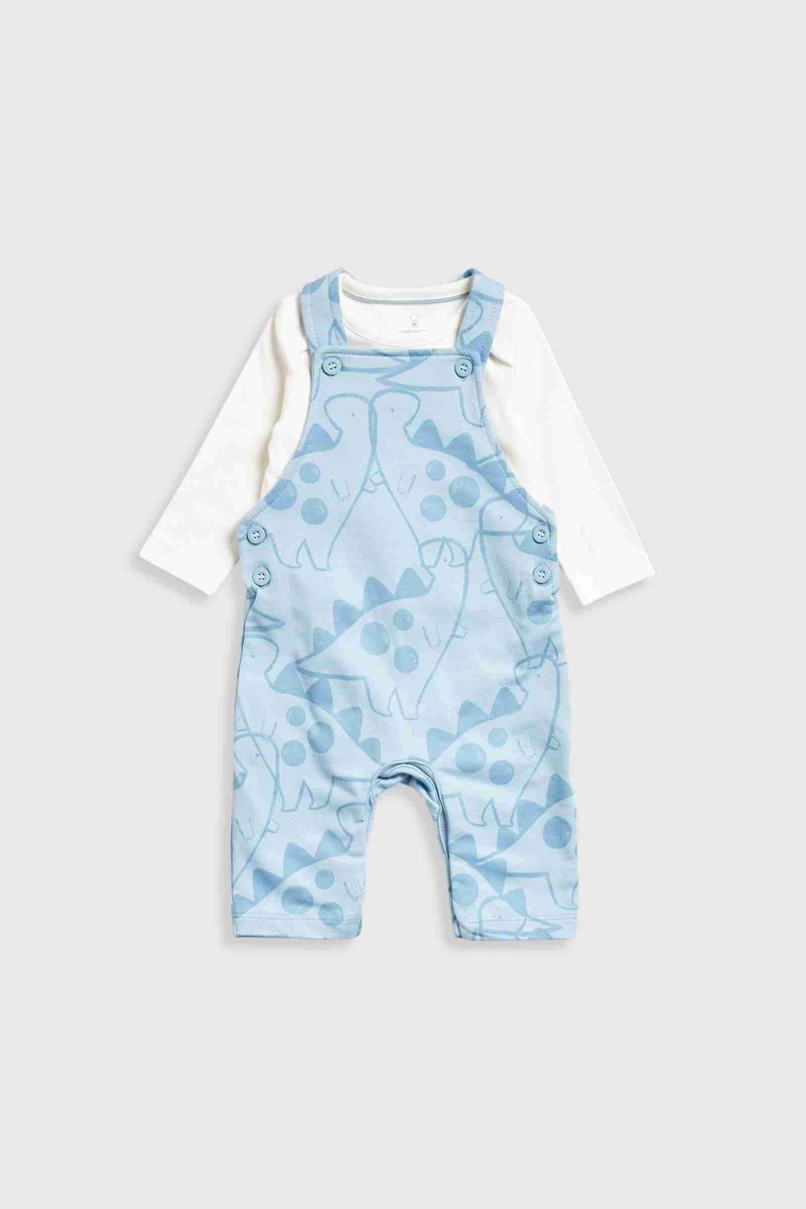 Mothercare Boys Gentle Dinosaur 100% Cotton Dungarees and Bodysuit 2 - Piece Set - Blue