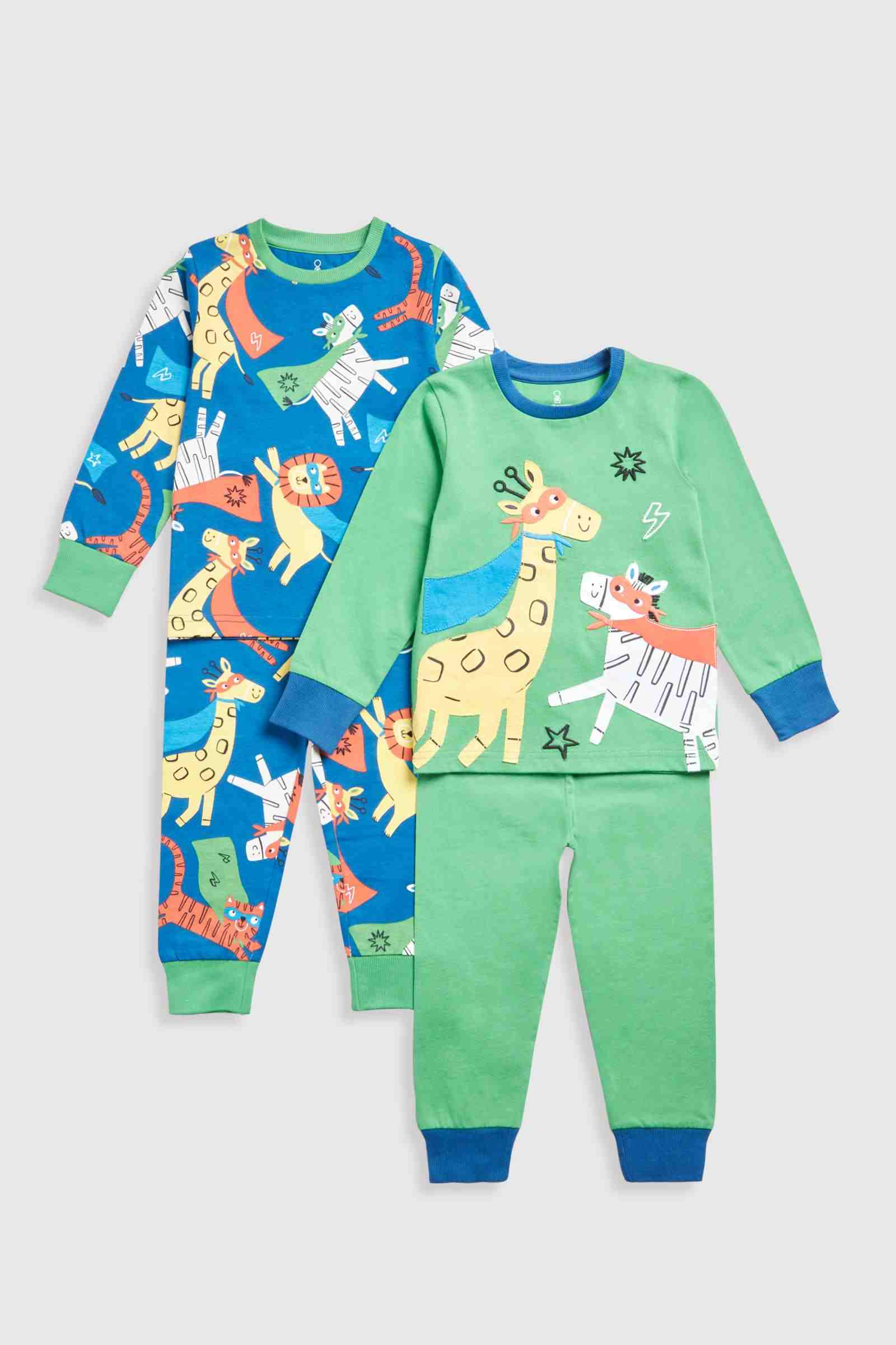 Mothercare Boys Superhero Safari Long Sleeves 100% Cotton 4 - Piece Pyjama Set - Green and Blue