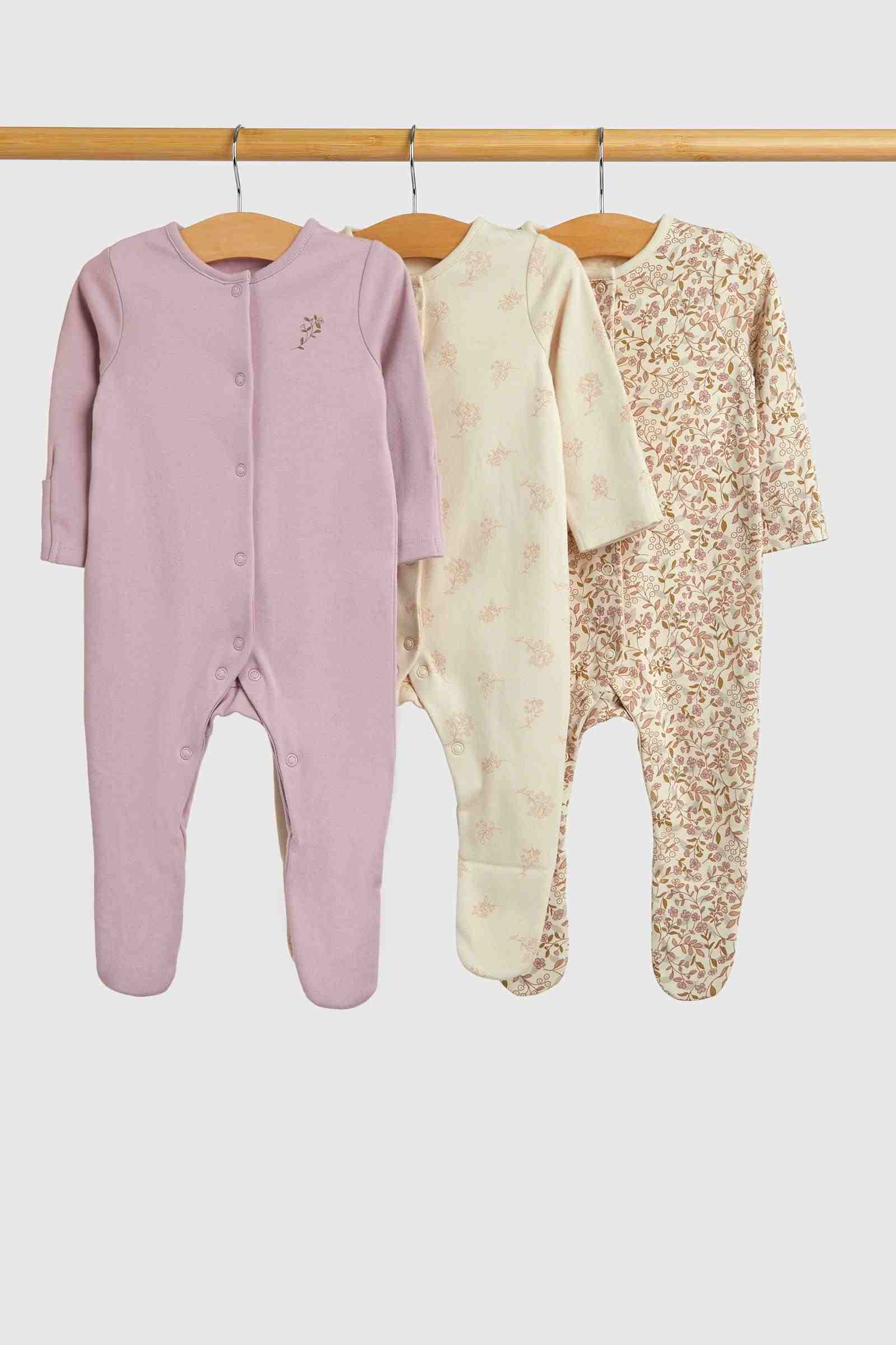 Mothercare Essentials Girls Wild Flower 100% Cotton Long Sleeves Sleepsuits - Pack of 3 - Cream
