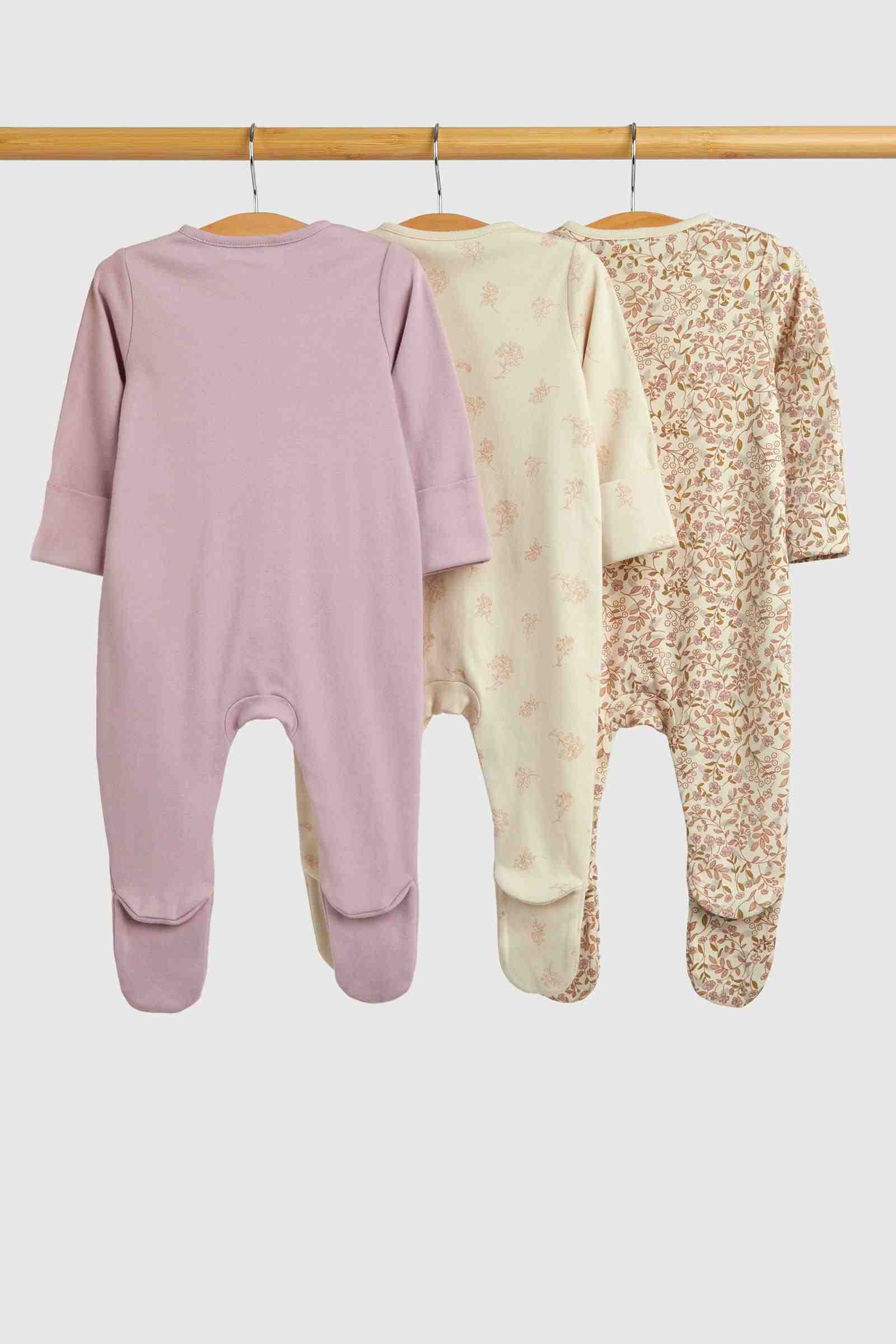 Mothercare Essentials Girls Wild Flower 100% Cotton Long Sleeves Sleepsuits - Pack of 3 - Cream