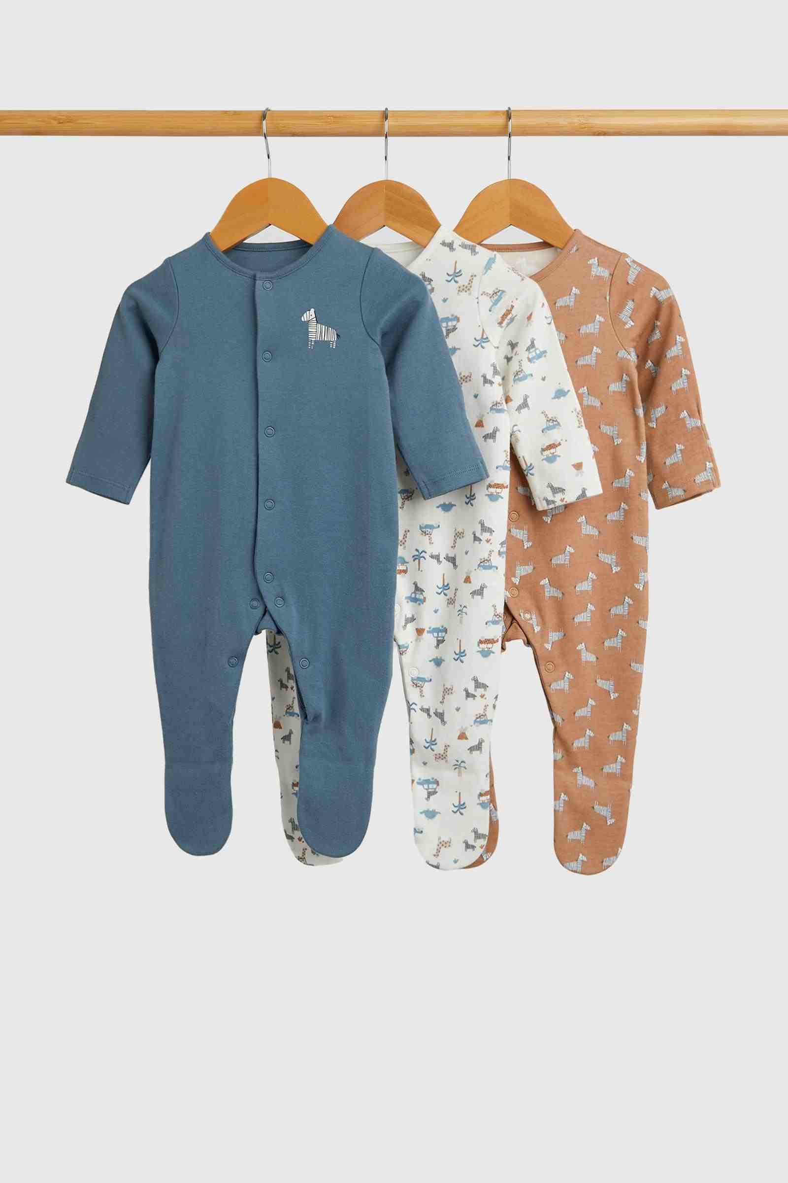 Mothercare Essentials Boys Zebra 100% Cotton Long Sleeves Sleepsuits - Pack of 3 - Multicolor