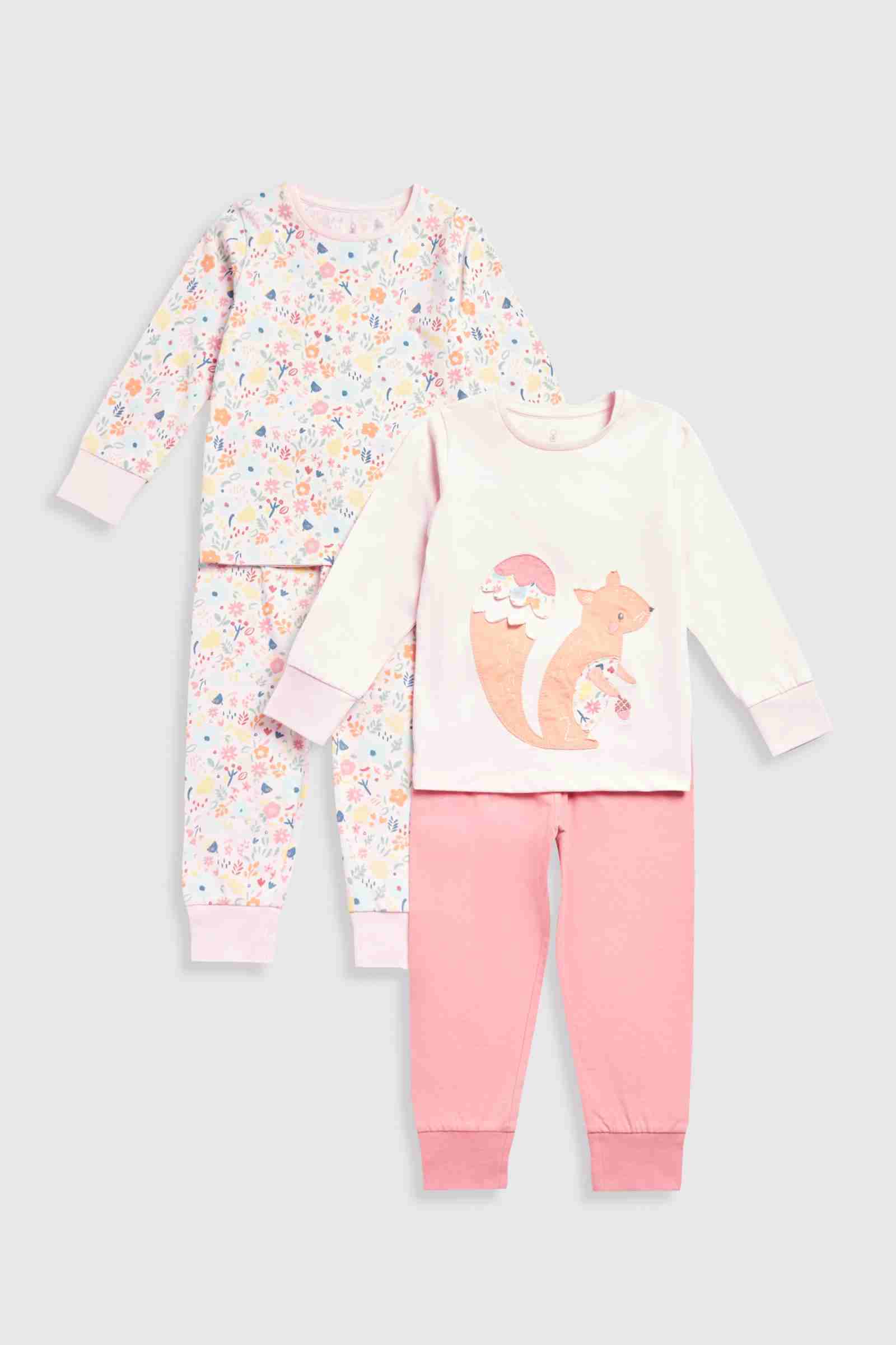 Mothercare Girls Squirrel Long Sleeves 100% Cotton 4 - Piece Pyjama Set - Pink