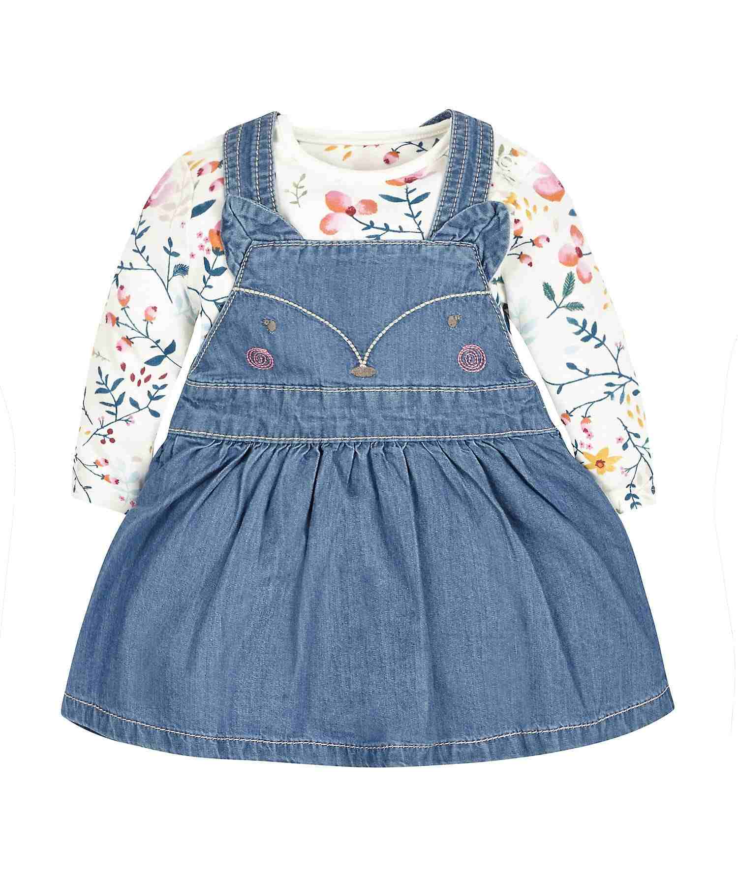 Girls Full Sleeves Bodysuit And Denim Dress Set Embroidered And 3D Detail - Blue