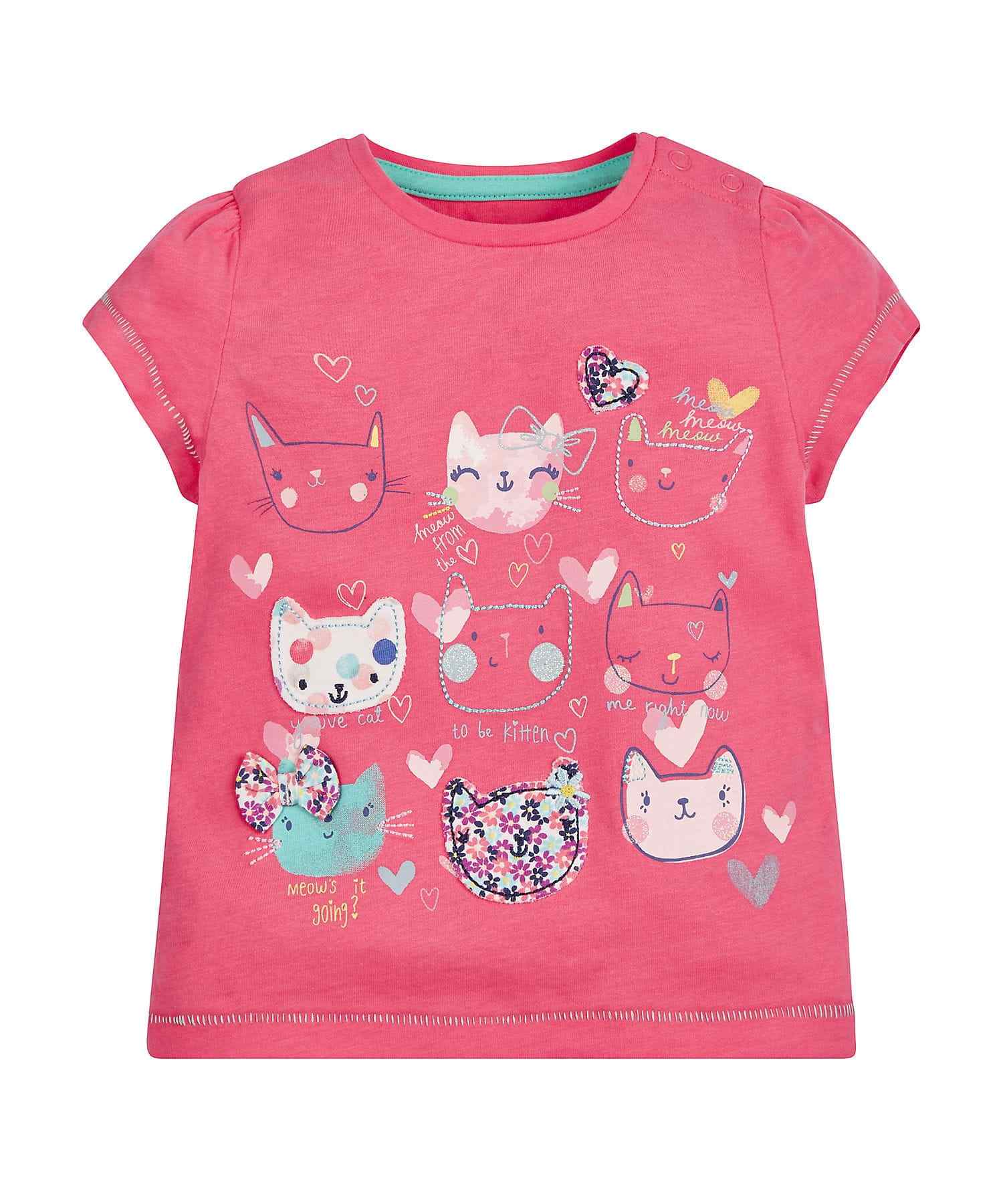 Girls Half Sleeves T-Shirt Cat Patchwork - Pink
