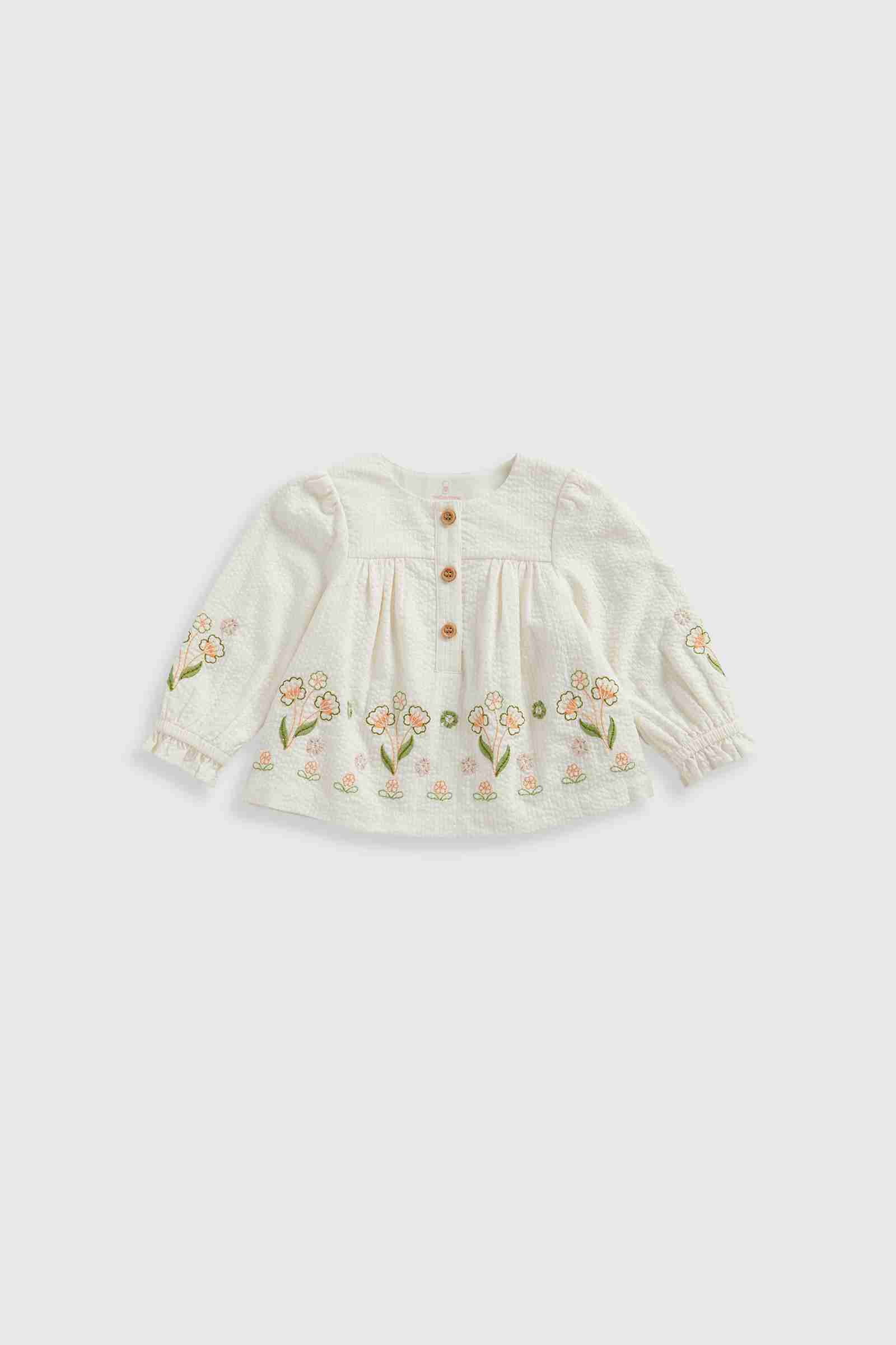 Mothercare Girls Majestic Jungle 100% Cotton Long - Sleeves Embroidered Blouse - White