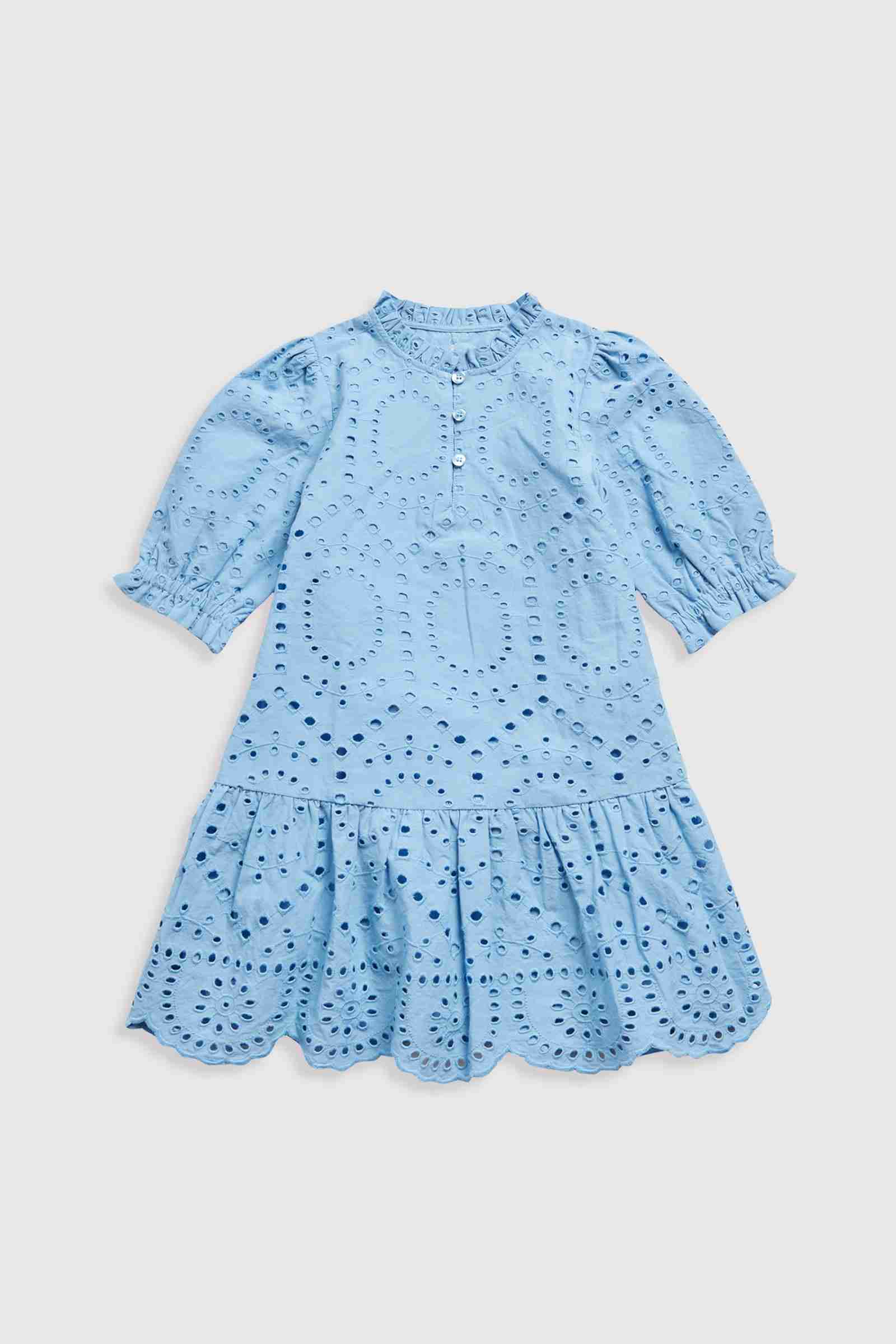Mothercare Girls Timeless Crafts 100% Cotton Broderie Dress with Scallop Hem - Blue