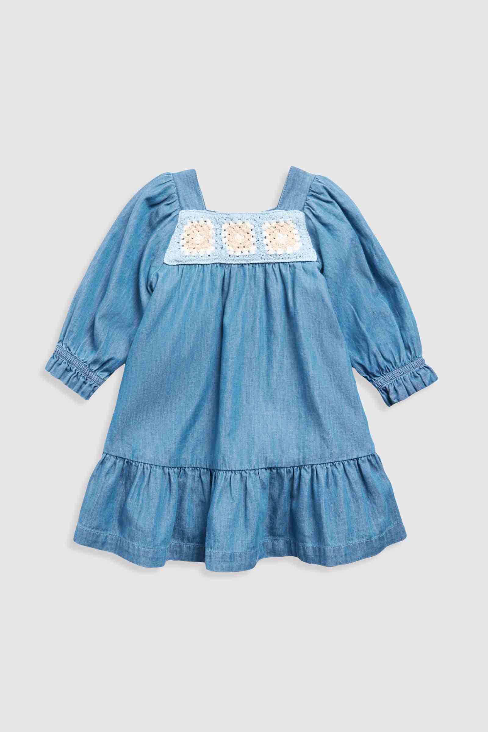 Mothercare Girls Crafted Comfort Chambray and Crochet Long Sleeves 100% Cotton Dress - Blue