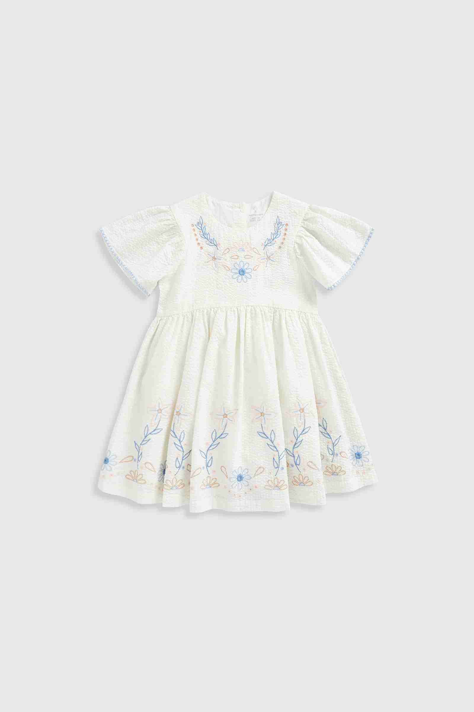 Mothercare Girls Crafted Comfort Embroidered Short - Sleeved 100% Cotton Dress - White