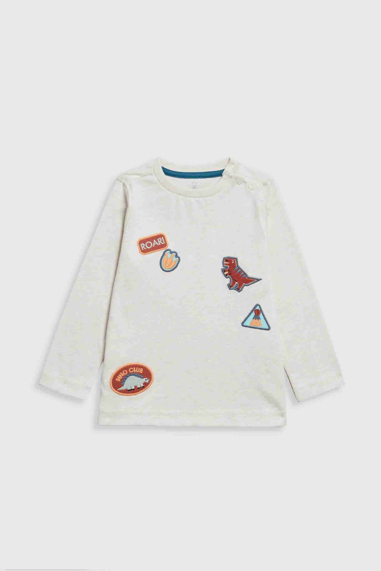 Mothercare Boys Dinosaur Badge Long Sleeves 100% Cotton T-Shirt - Cream
