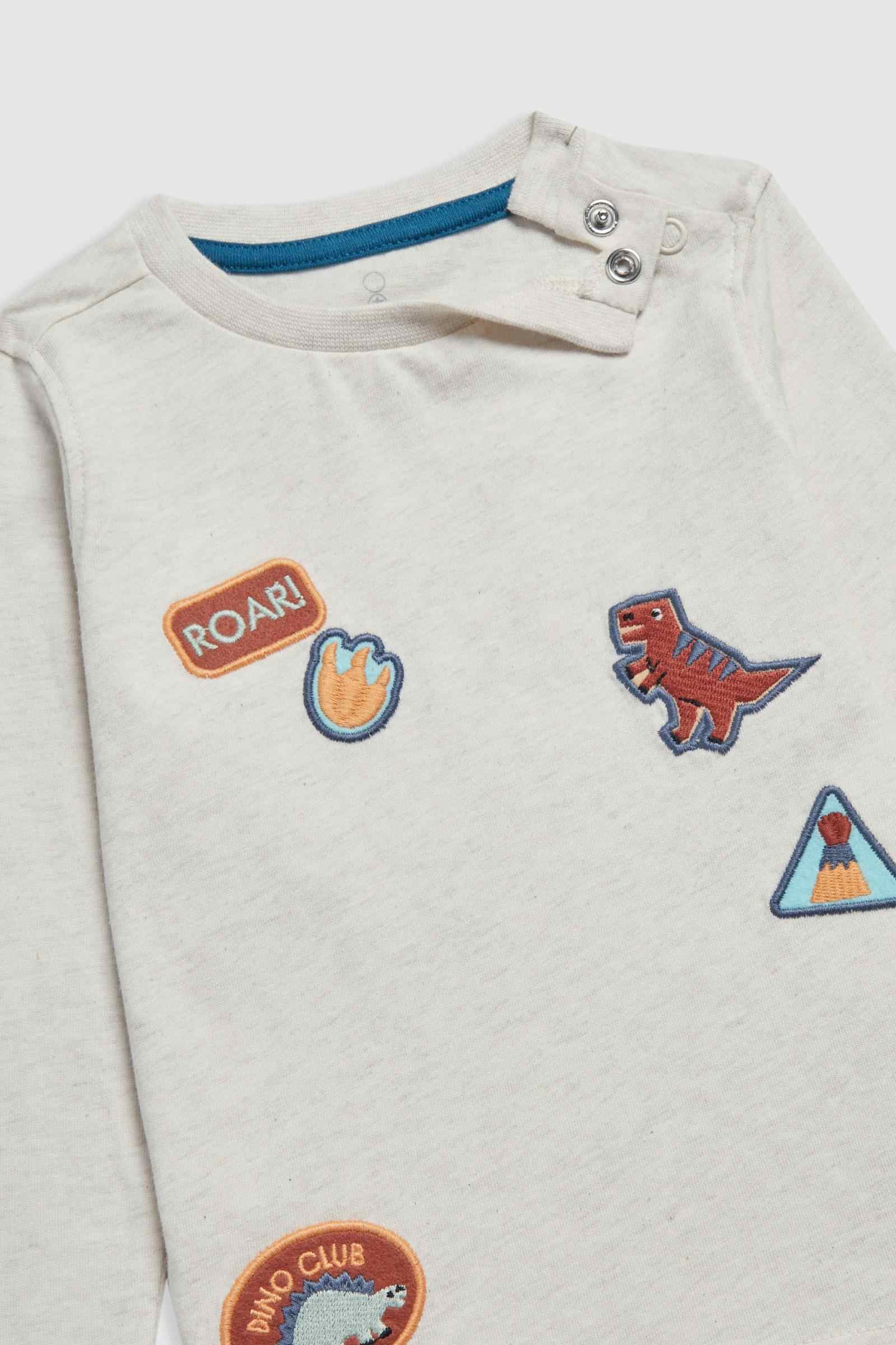 Mothercare Boys Dinosaur Badge Long Sleeves 100% Cotton T-Shirt - Cream