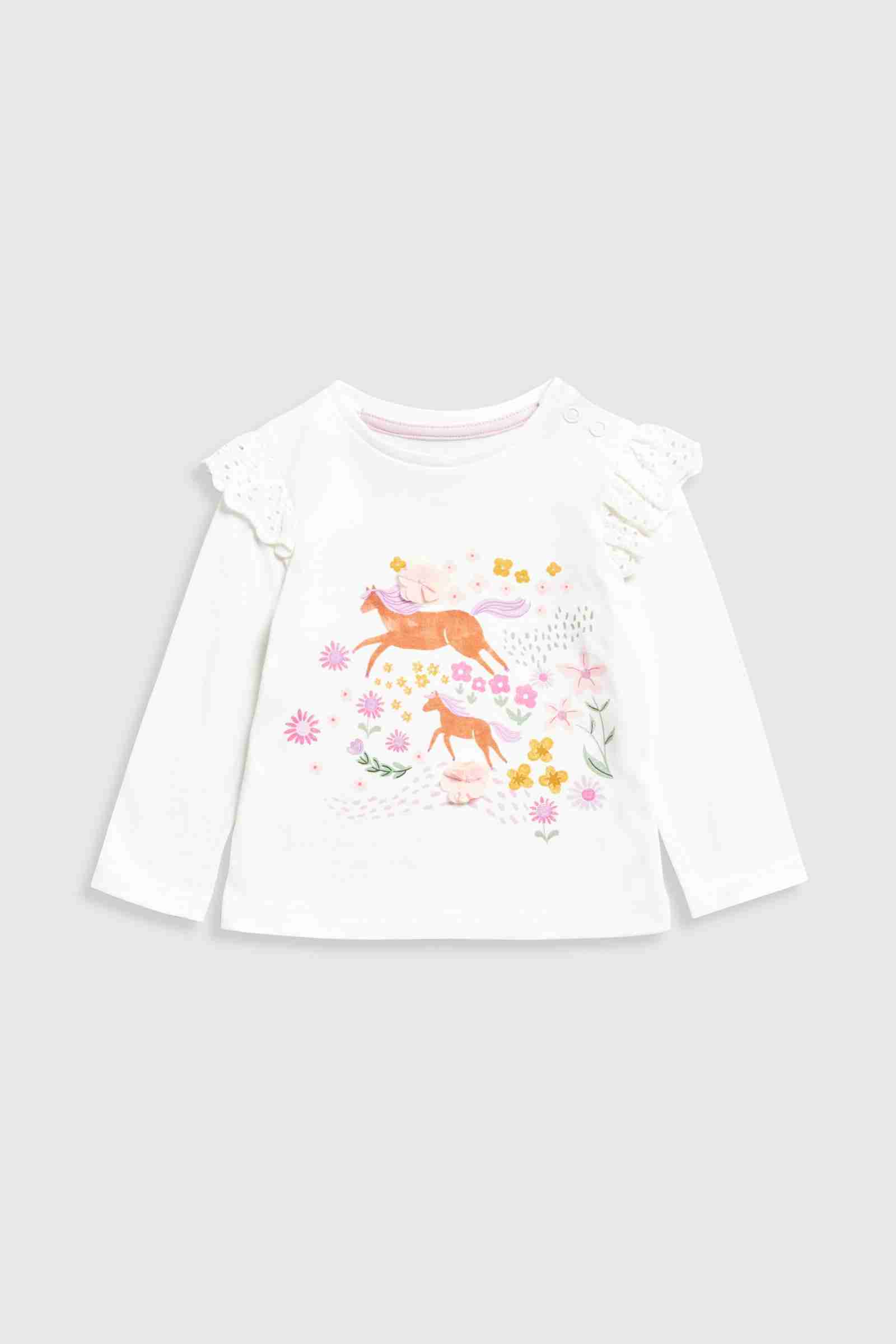 Mothercare Girls Wilderness Escape Horses Long Sleeves 100% Cotton Crew Neck T-Shirt - Cream