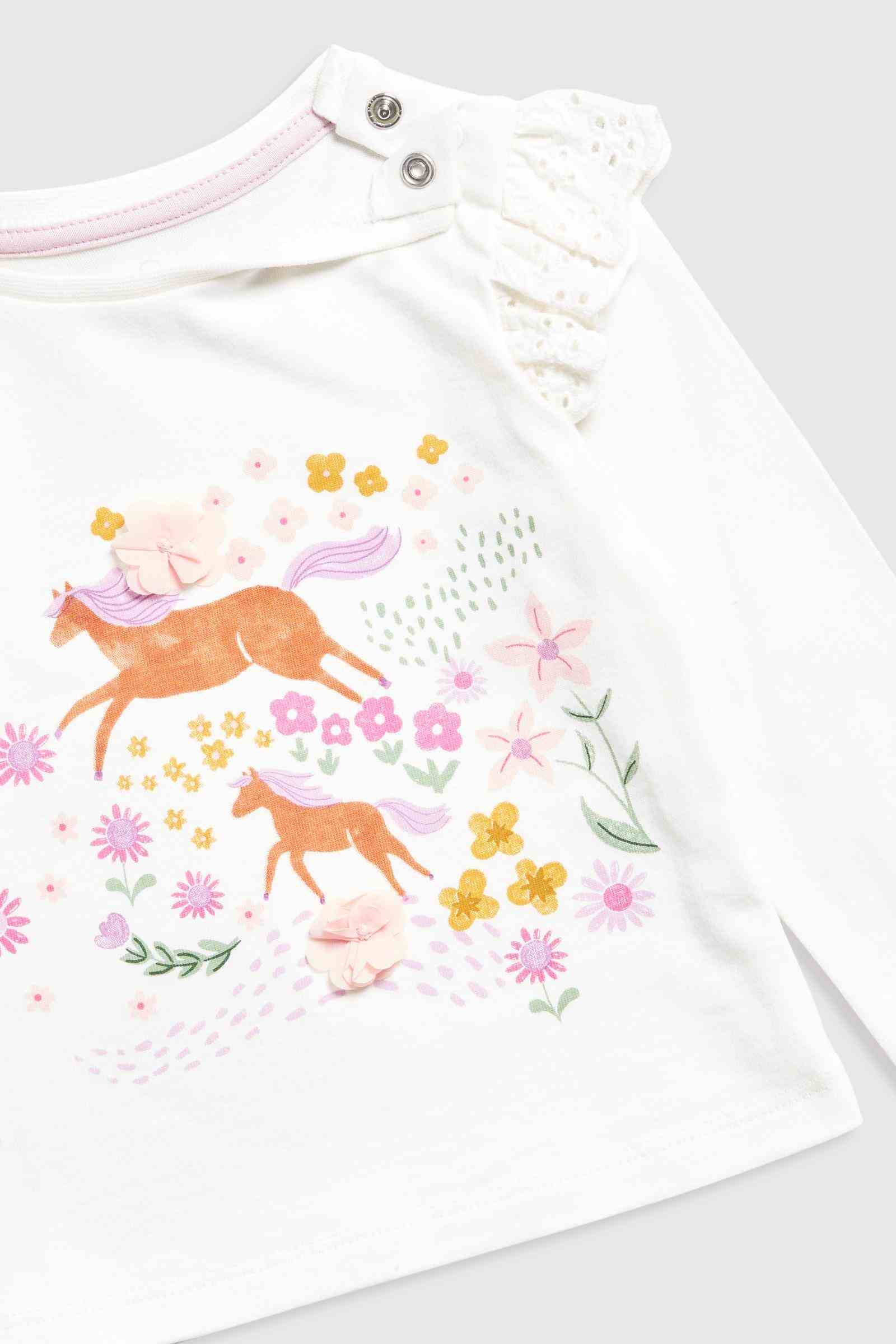 Mothercare Girls Wilderness Escape Horses Long Sleeves 100% Cotton Crew Neck T-Shirt - Cream