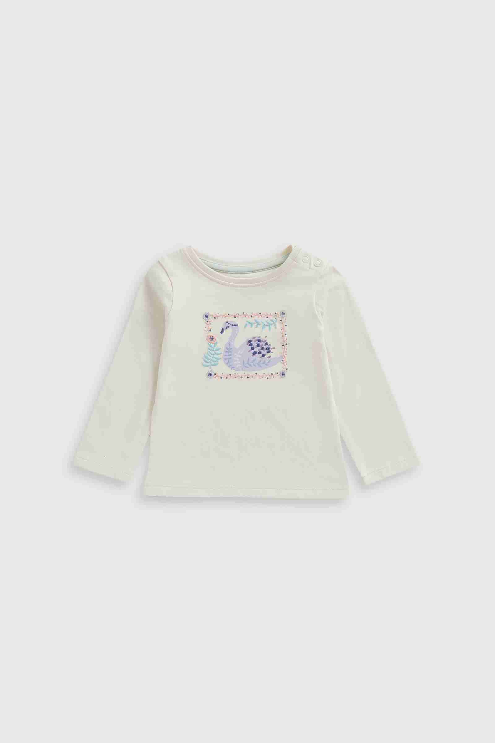 Mothercare Girls White Swan 100% Cotton Long - Sleeves T-Shirt - Cream