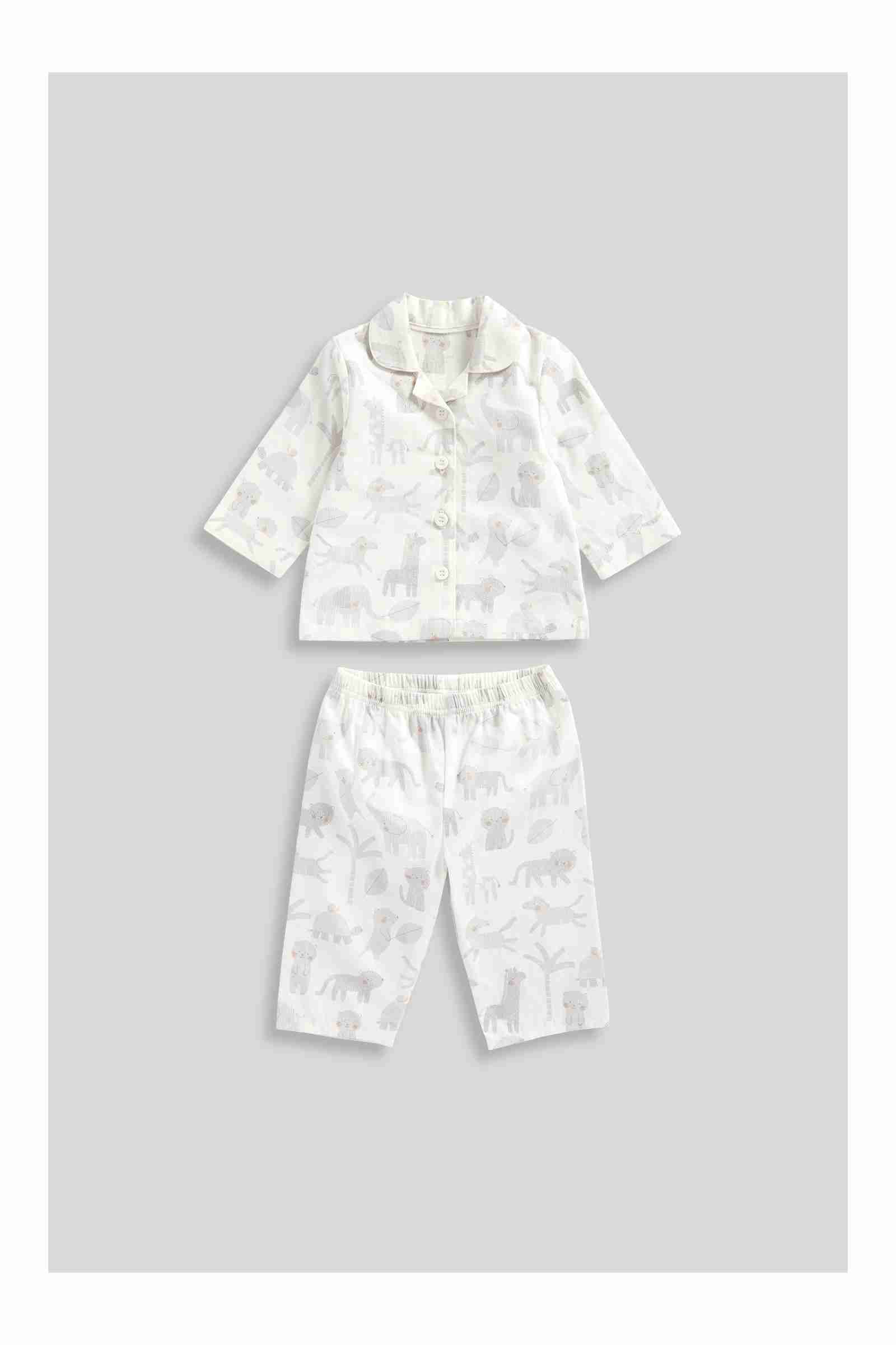 Mothercare Essentials Unisex Safari 100% Cotton Woven 2 - Piece Baby Pyjama Set - White