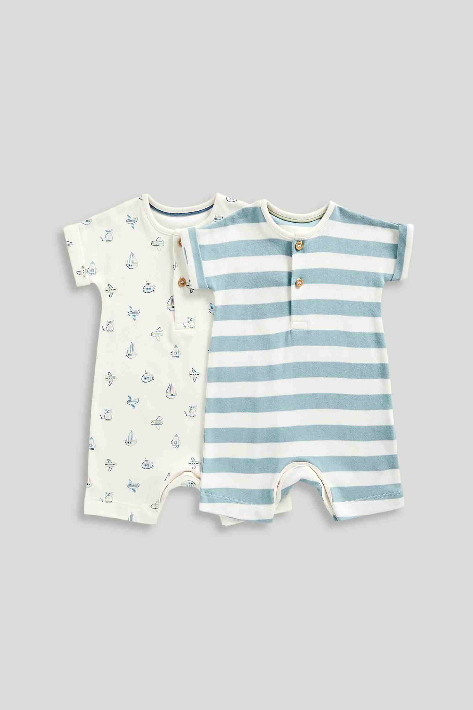 Mothercare Boys Tiny Traveller Classic Stripe and Printed Rompers - Pack of 2 - Cream