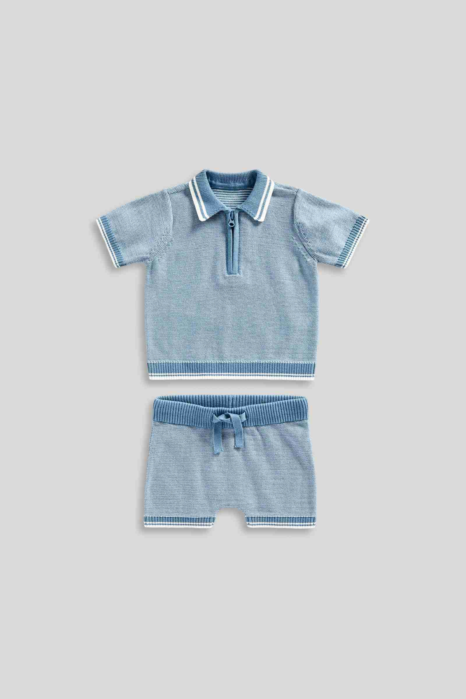 Mothercare Boys Tiny Traveller 100% Cotton Classic Knitted Polo Top and Shorts 2 - Piece Set - Blue