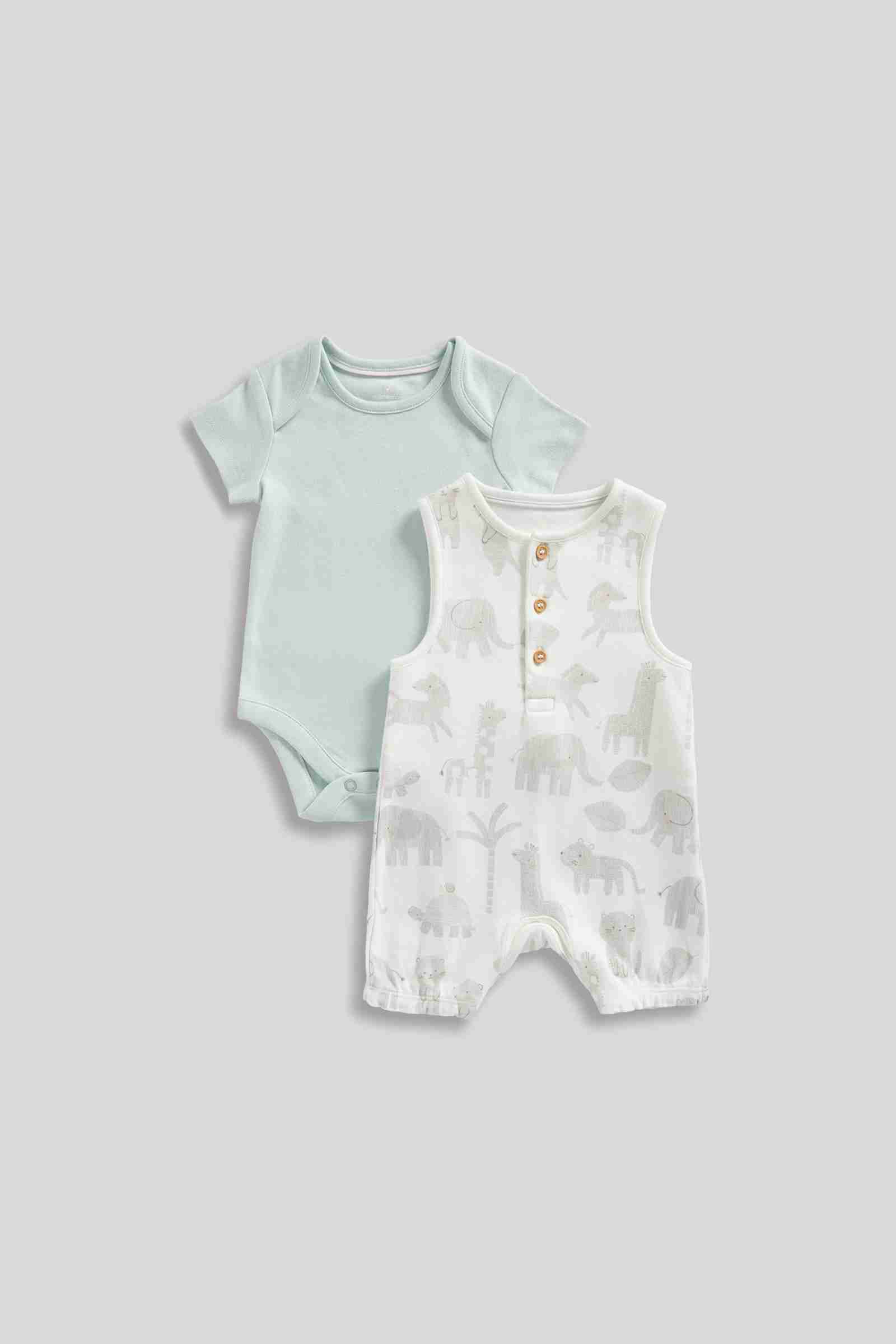 Mothercare Unisex Safari Sands 100% Cotton Bodysuit - Pack of 2 - Light Green