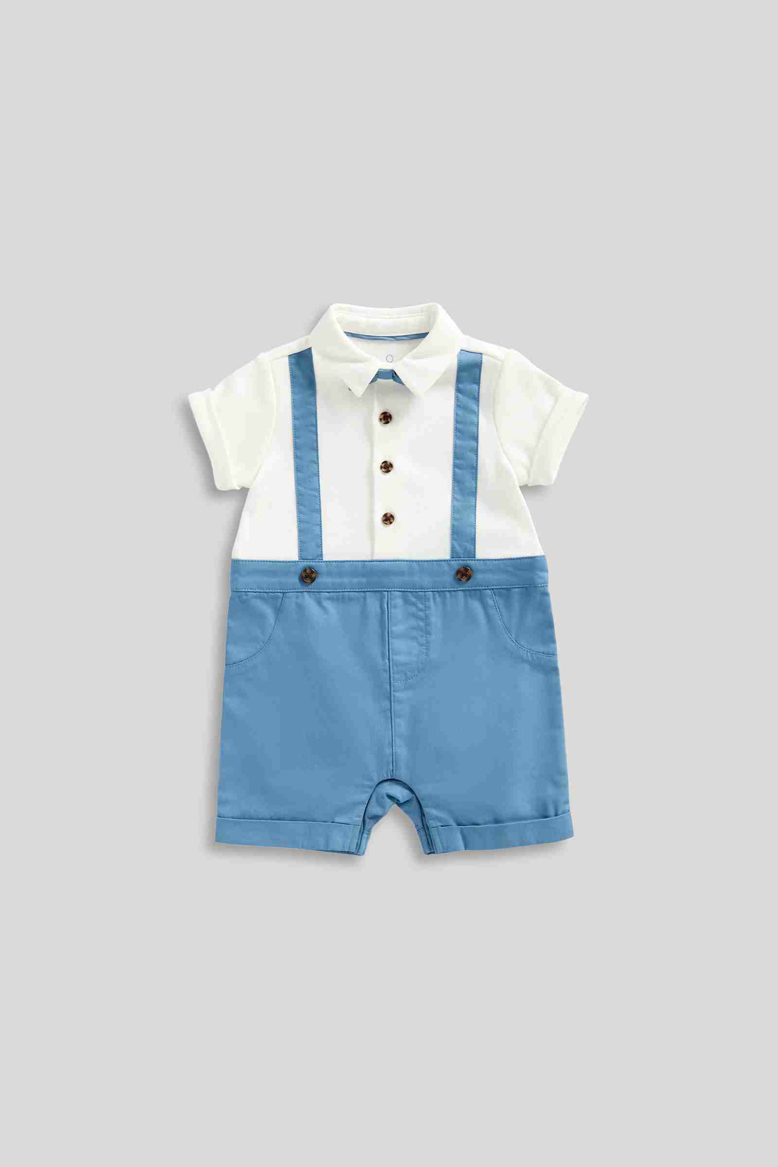 Mothercare Boys Tiny Traveller 100% Cotton Mock Shirt, Shorts and Braces Romper - Dark Blue