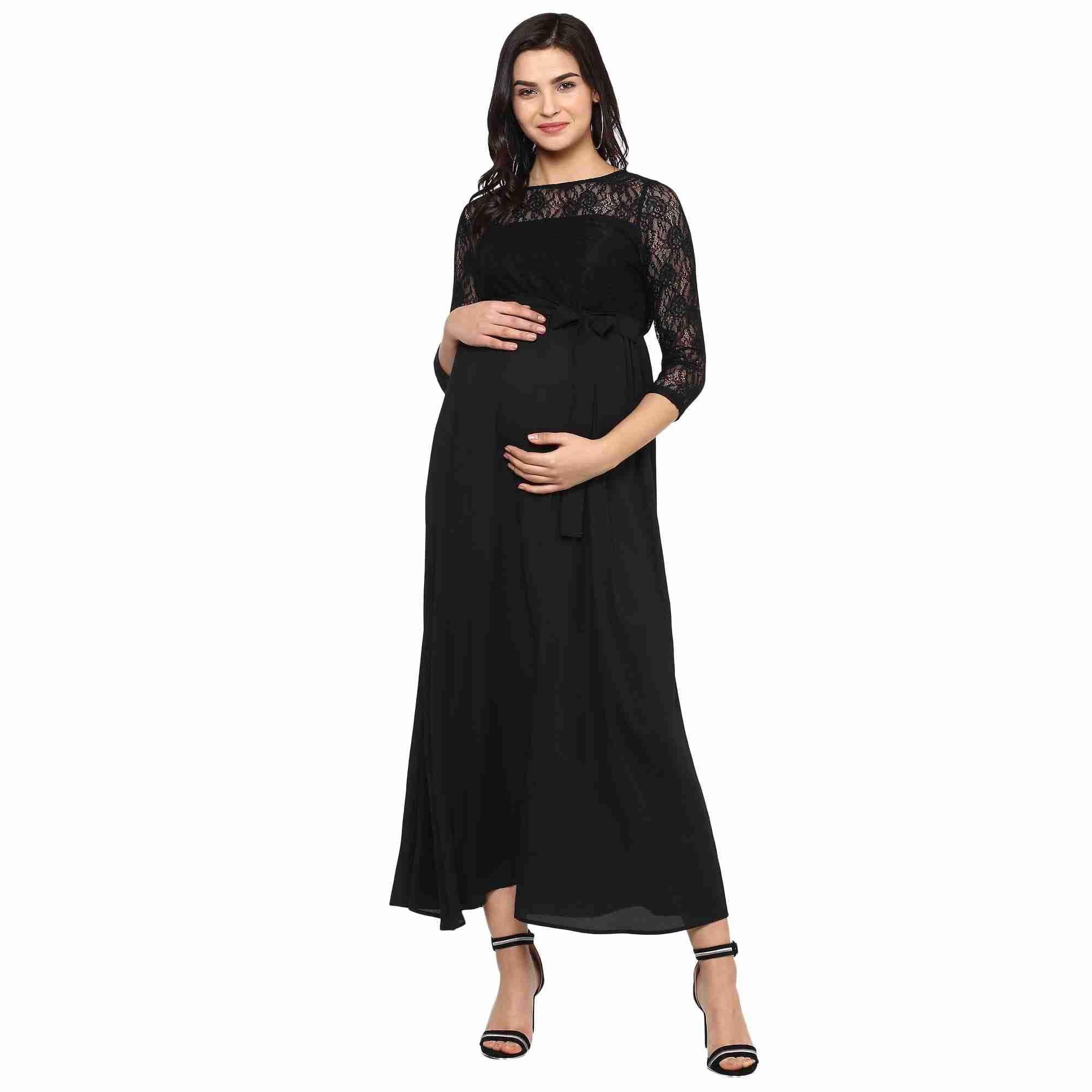 Women Maternity Three-Fourth Sleeves Lace Detail Dress - Black