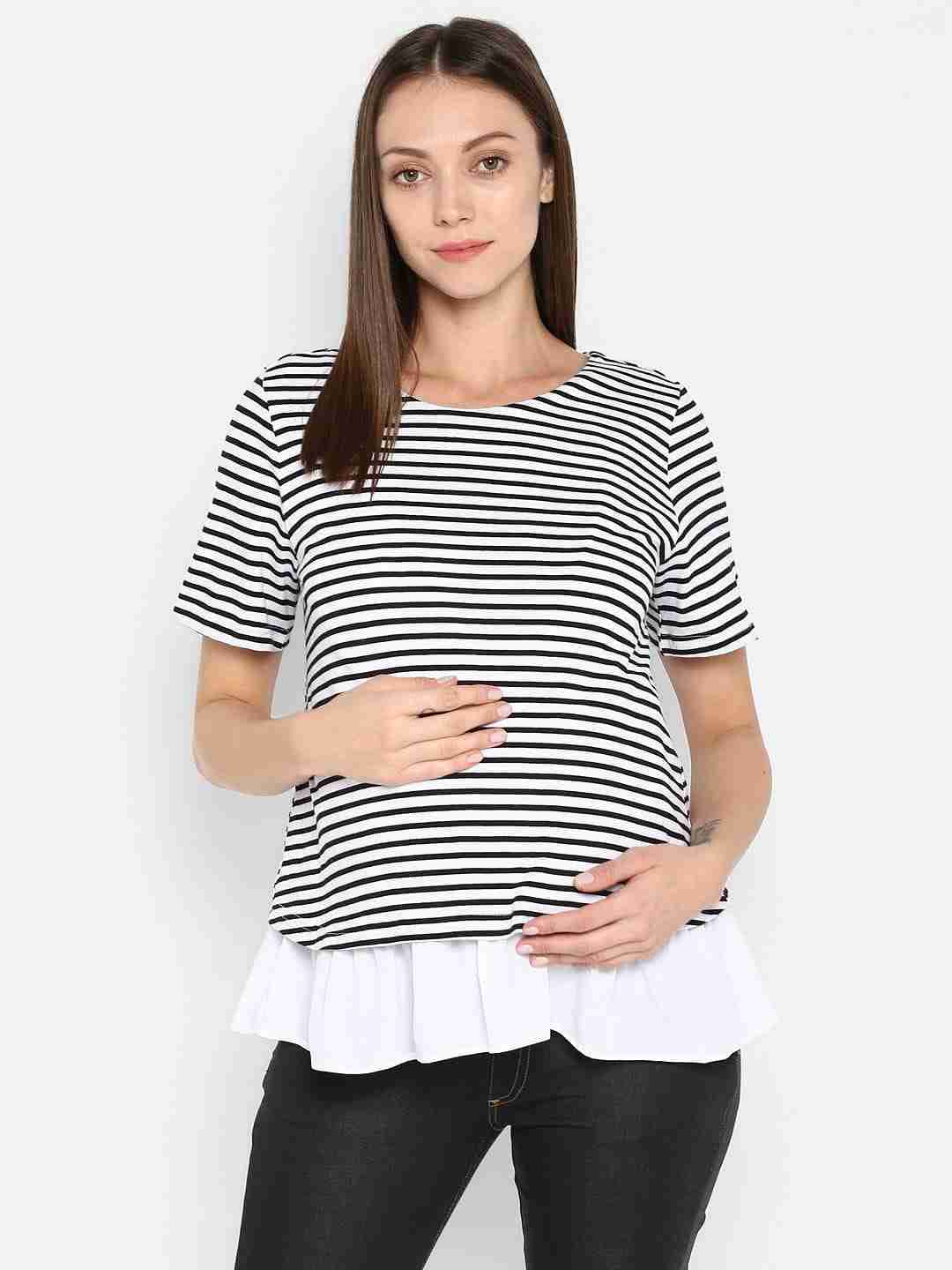 Momsoon women maternity half sleeve top-Striped Black