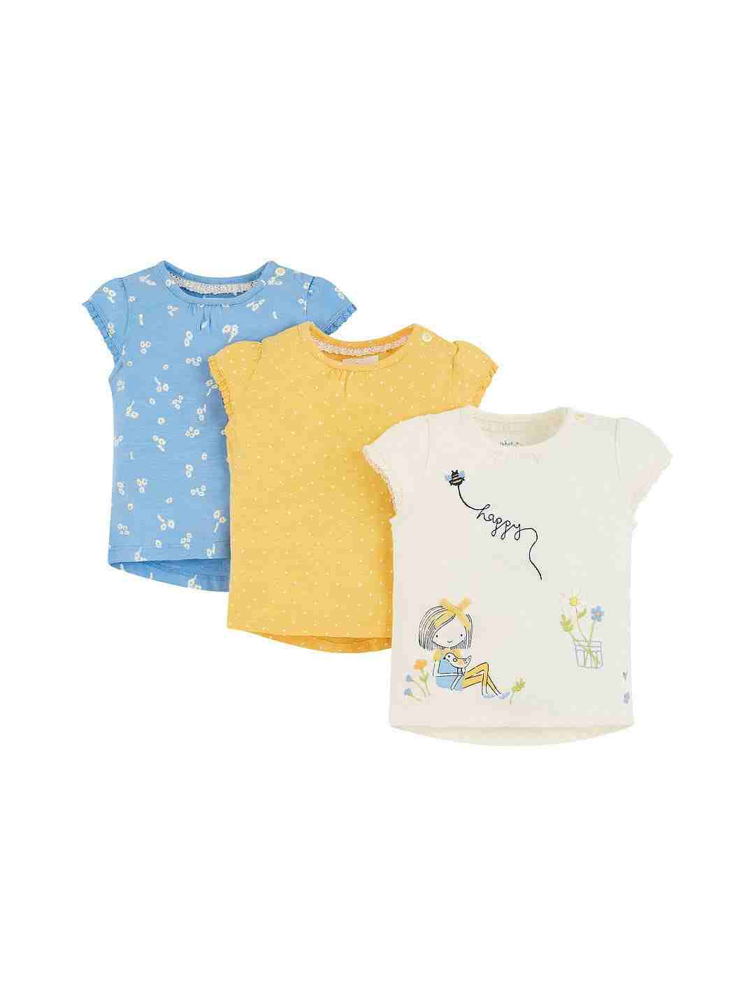 Blue, Yellow and Off White Printed Top - Pack of 3