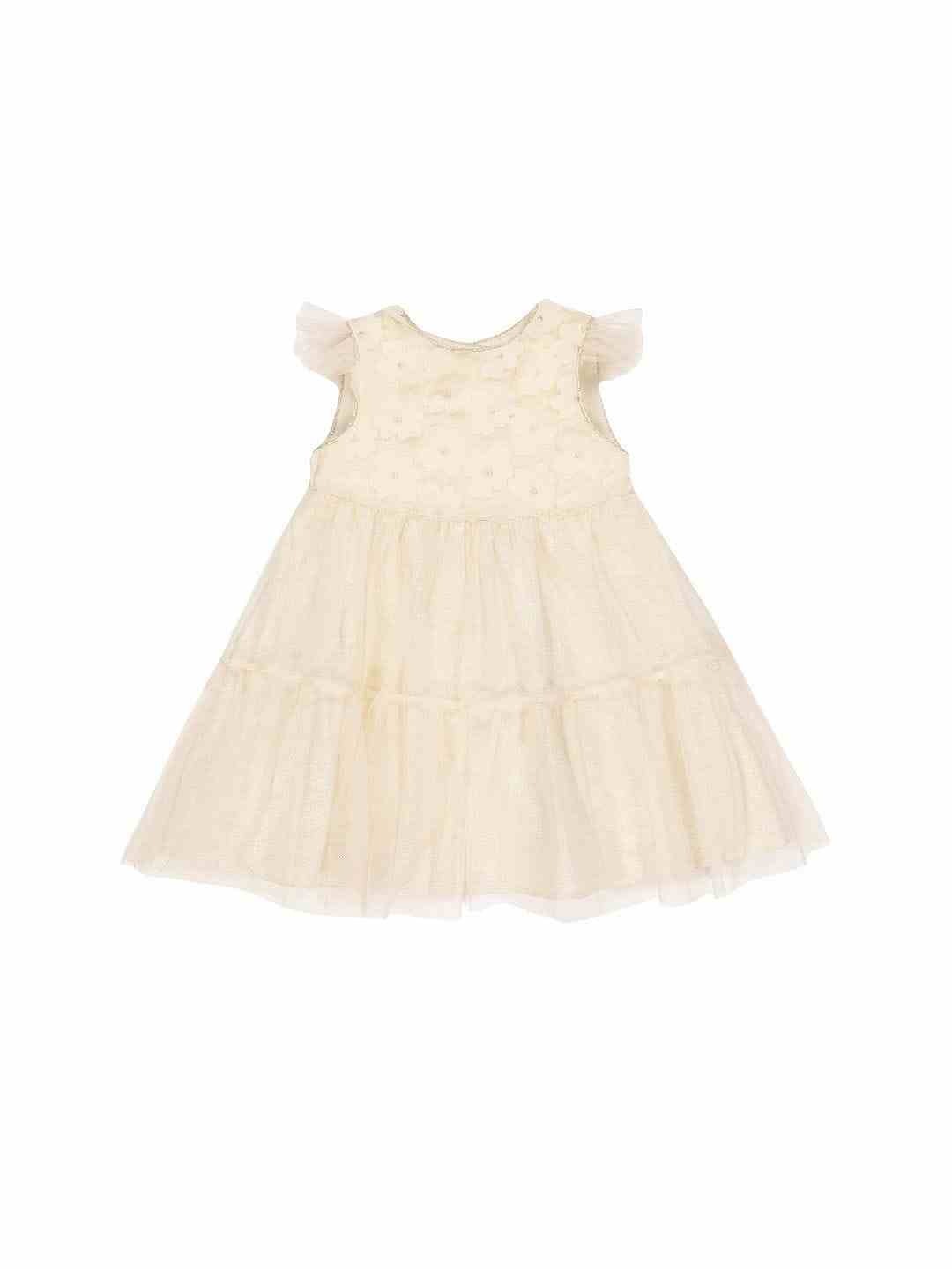 Cream Printed Flower Applique Tiered Occasion Dress