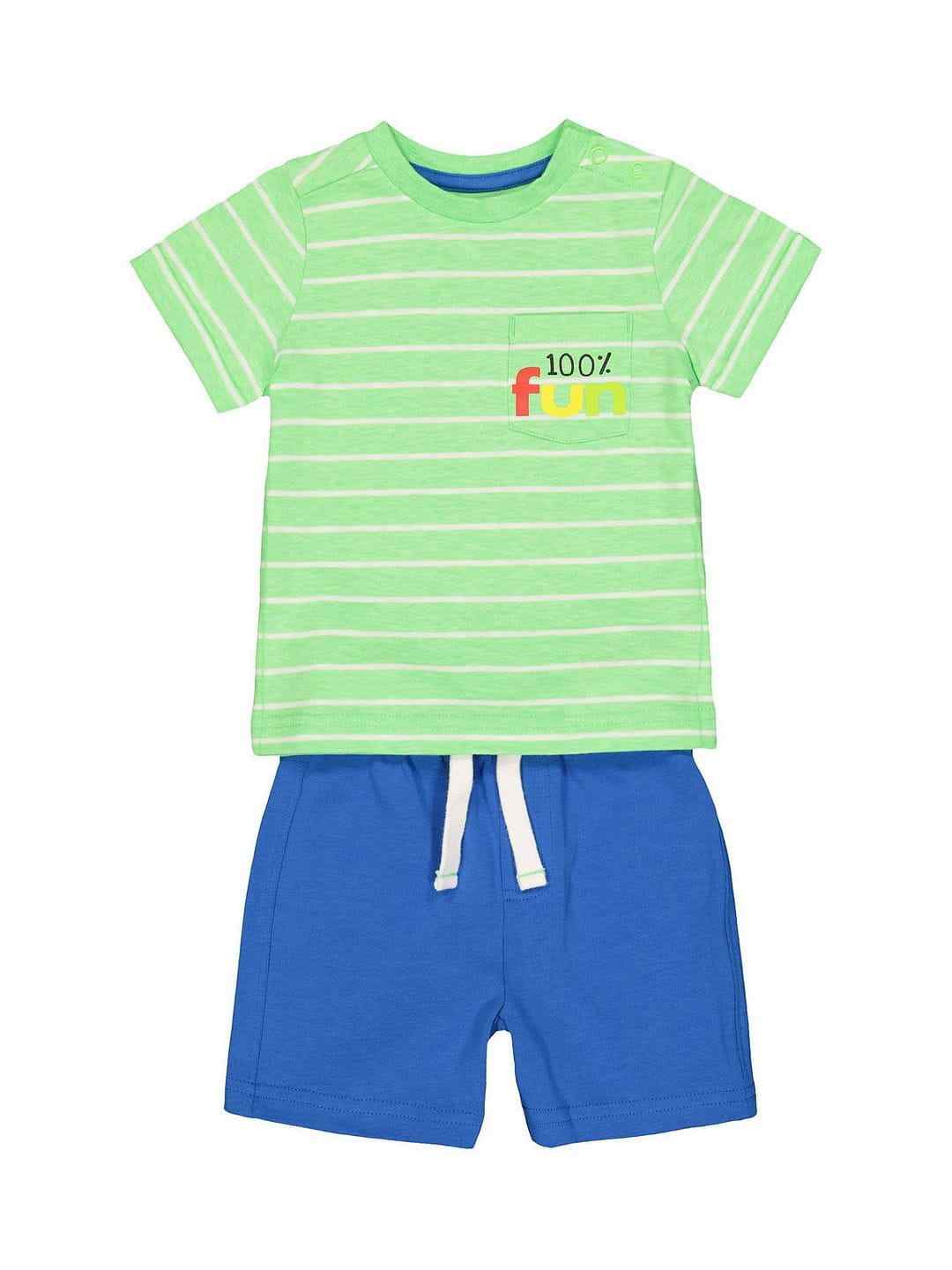 Fun Green Stripe T-Shirt And Blue Shorts Set