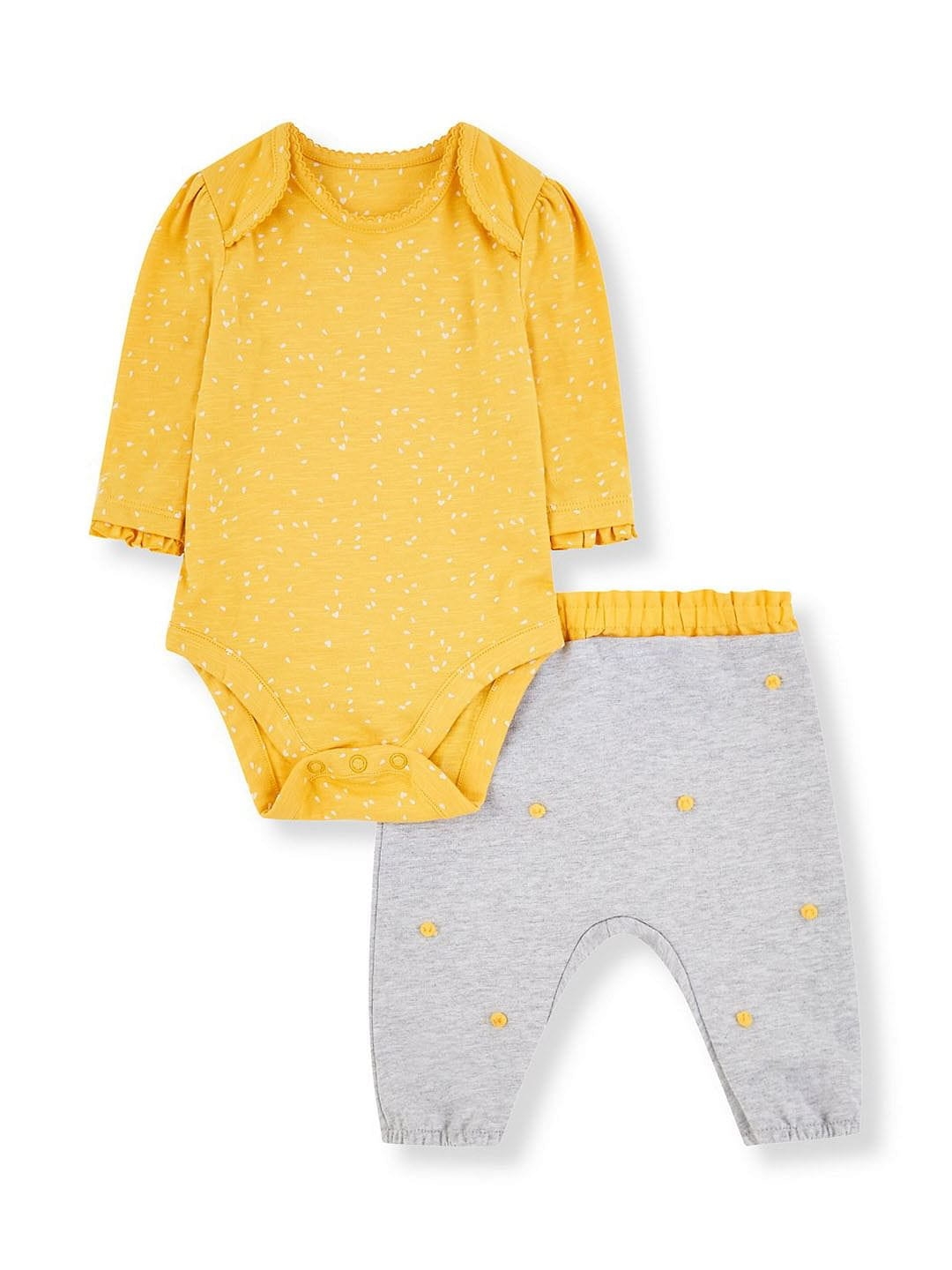 Mothercare | Yellow Bodysuit and Grey Pom Pom Trousers Set 0